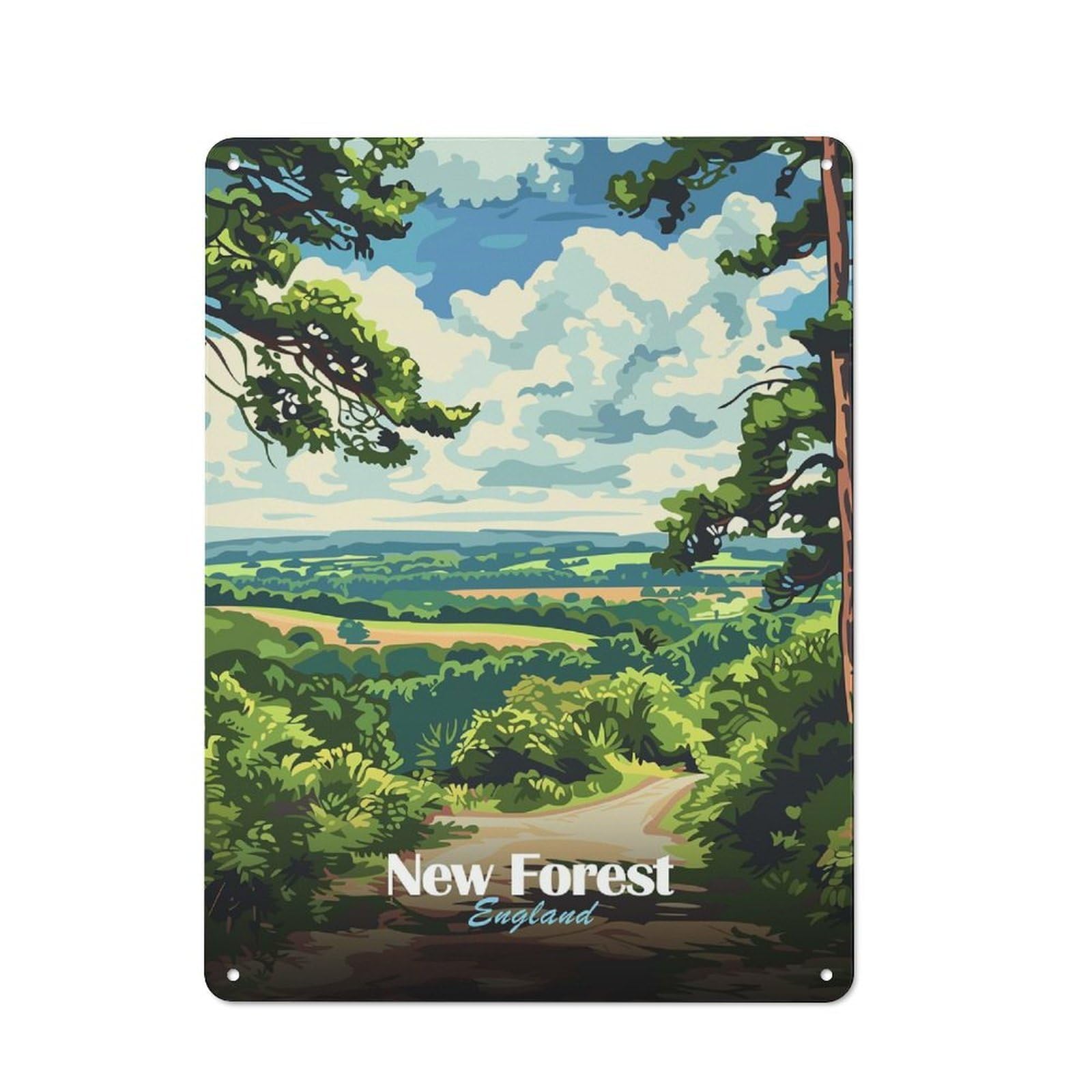 Junmoney Style-13 Tin Wall Plaque 40X30cm With New Forest England Landscape For Guest Room Or Hallway, For Garage, Workshop And Man Cave Decoration