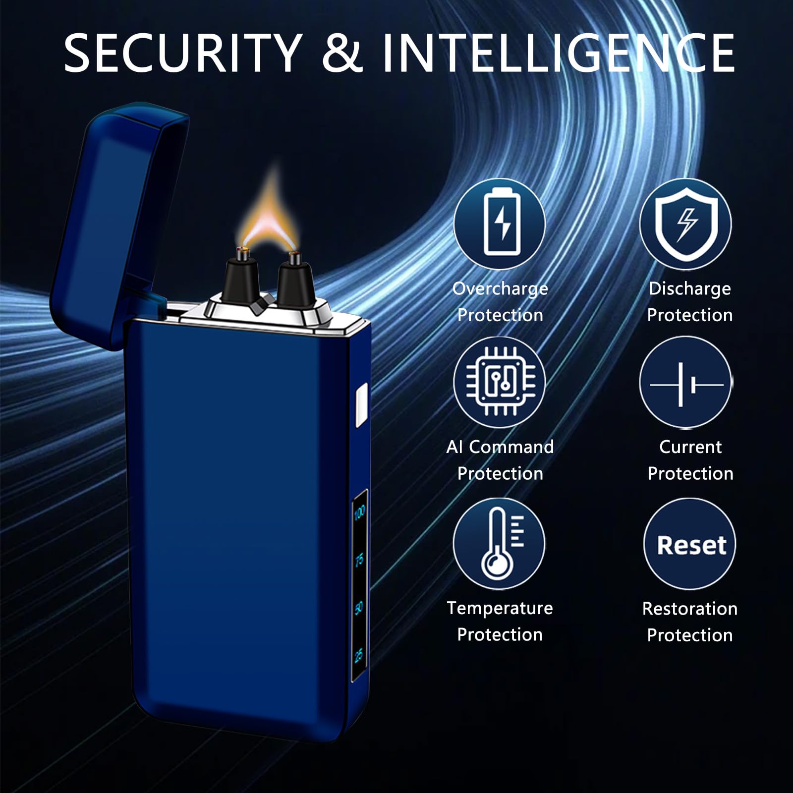 Briquet électrique rechargeable à grande flamme - Briquet plasma de type C - Briquet coupe-vent avec puce intelligente pour camping, aventure (bleu)