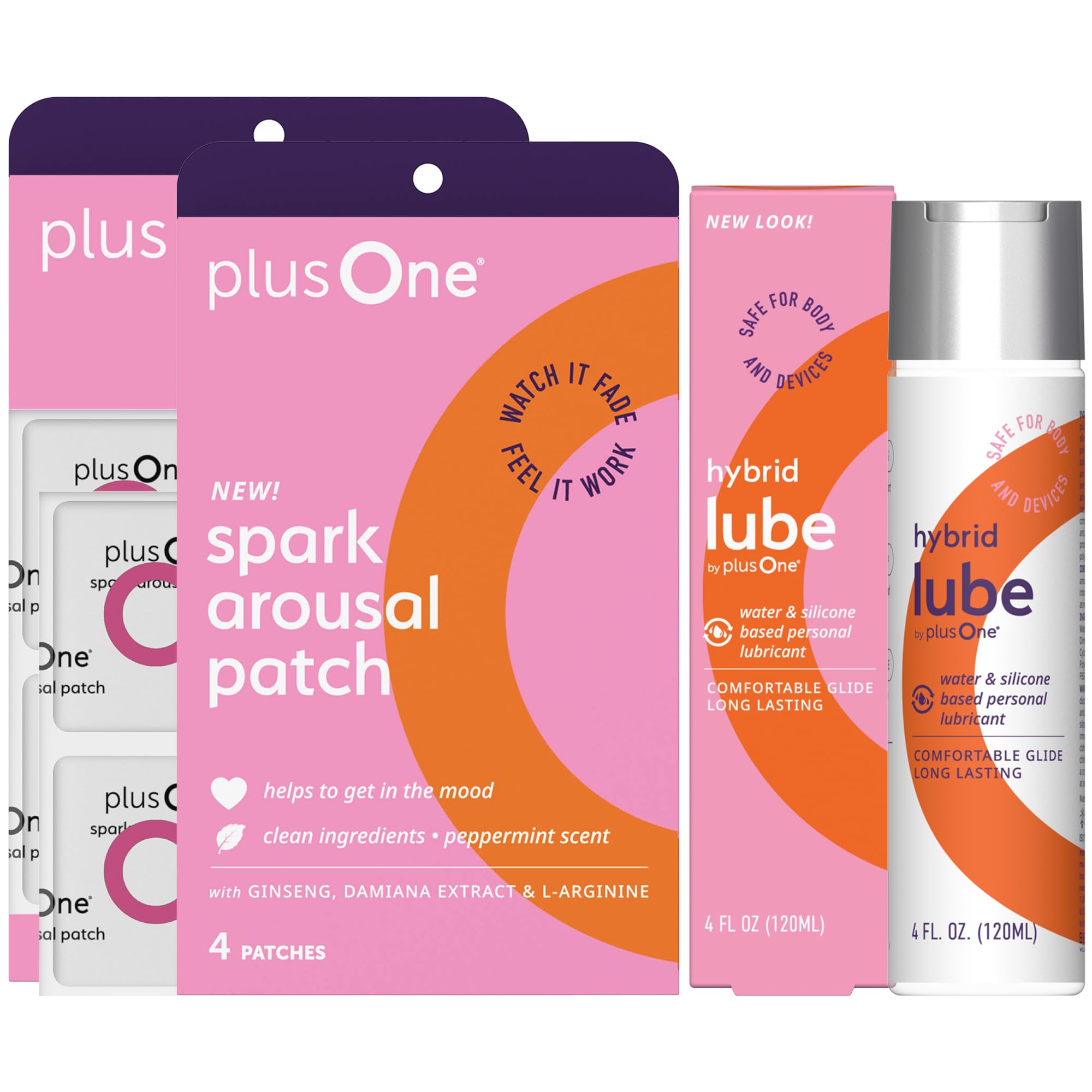 plusOne Kit de Bem-Estar Íntimo com Adesivos de Ginseng e Damiana e Lubrificante Híbrido, 2 itens
