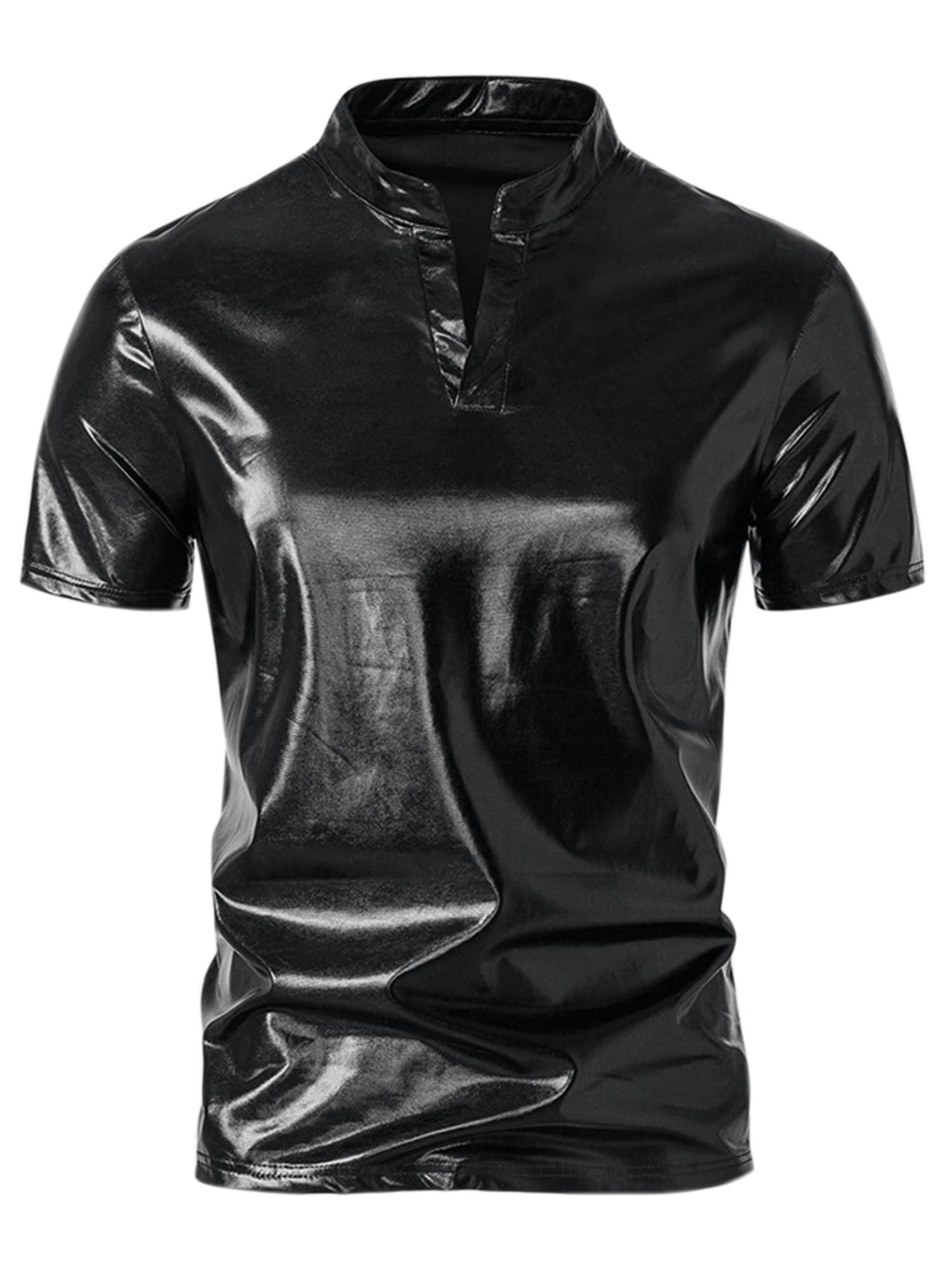 Lars Amadeus Metallic T-Shirt for Men's Stand Collared Shiny Disco Party Short Sleeves Polo Tee