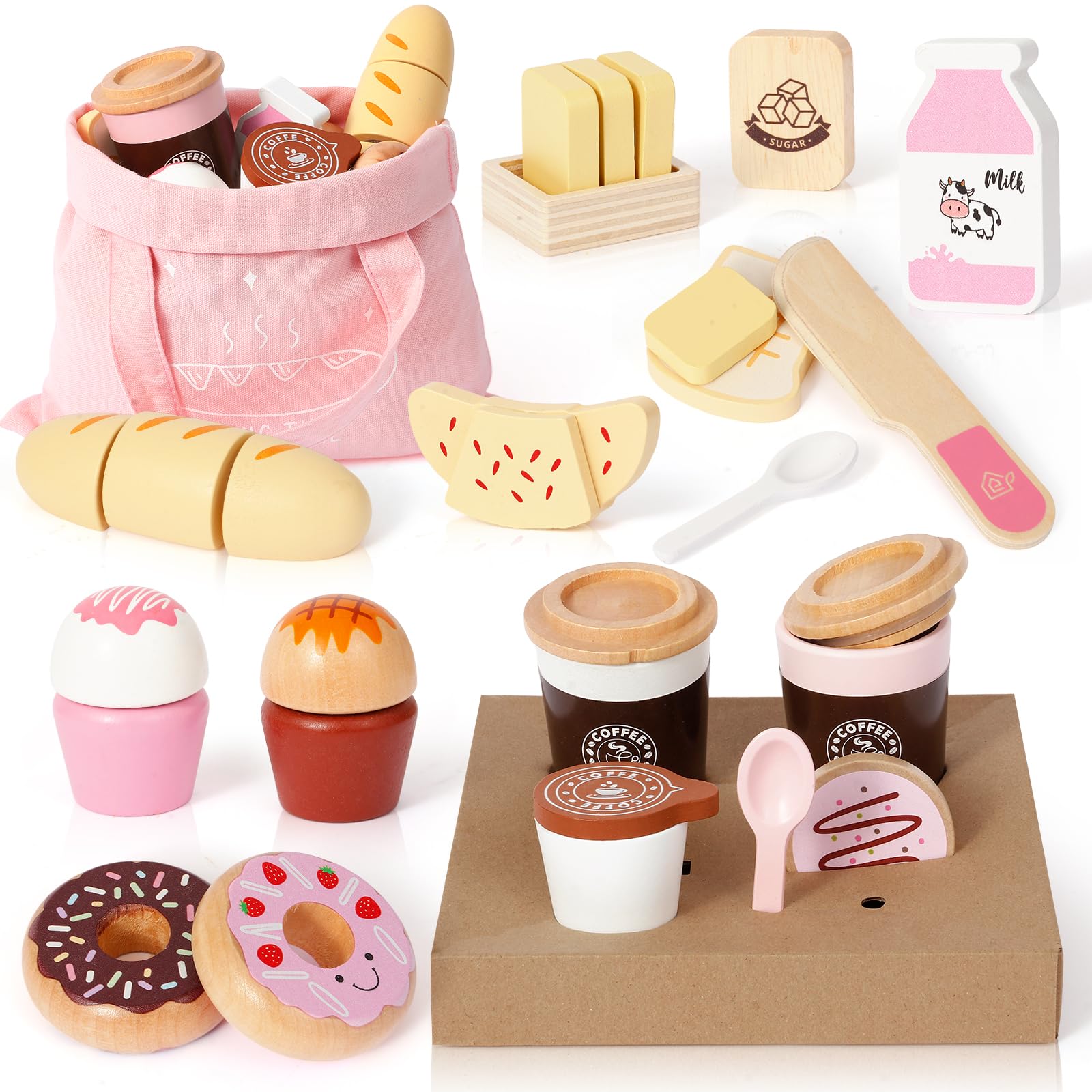 SIMPLIPLAY Wooden Bakery Playset Food Toys, 23pcs Wooden Pretend Play Food Sets for Kids, Play Kitchen Accessories with Cutting Toys and Shopping Bag for Kids Toddler Girls Boys Gift