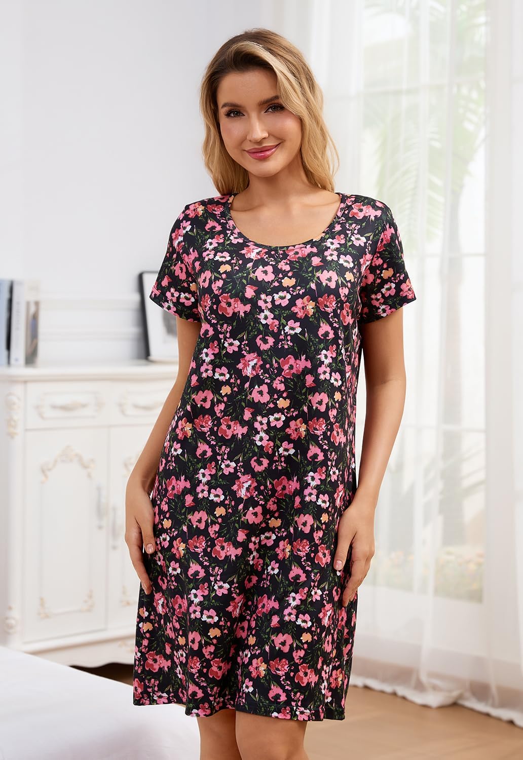 PNAEONG 3 Pack Nightgowns for Women Short Sleeve Nightshirt Casual Sleepshirt Soft Sleepwear Flora print Pajamas Dress - Image 4