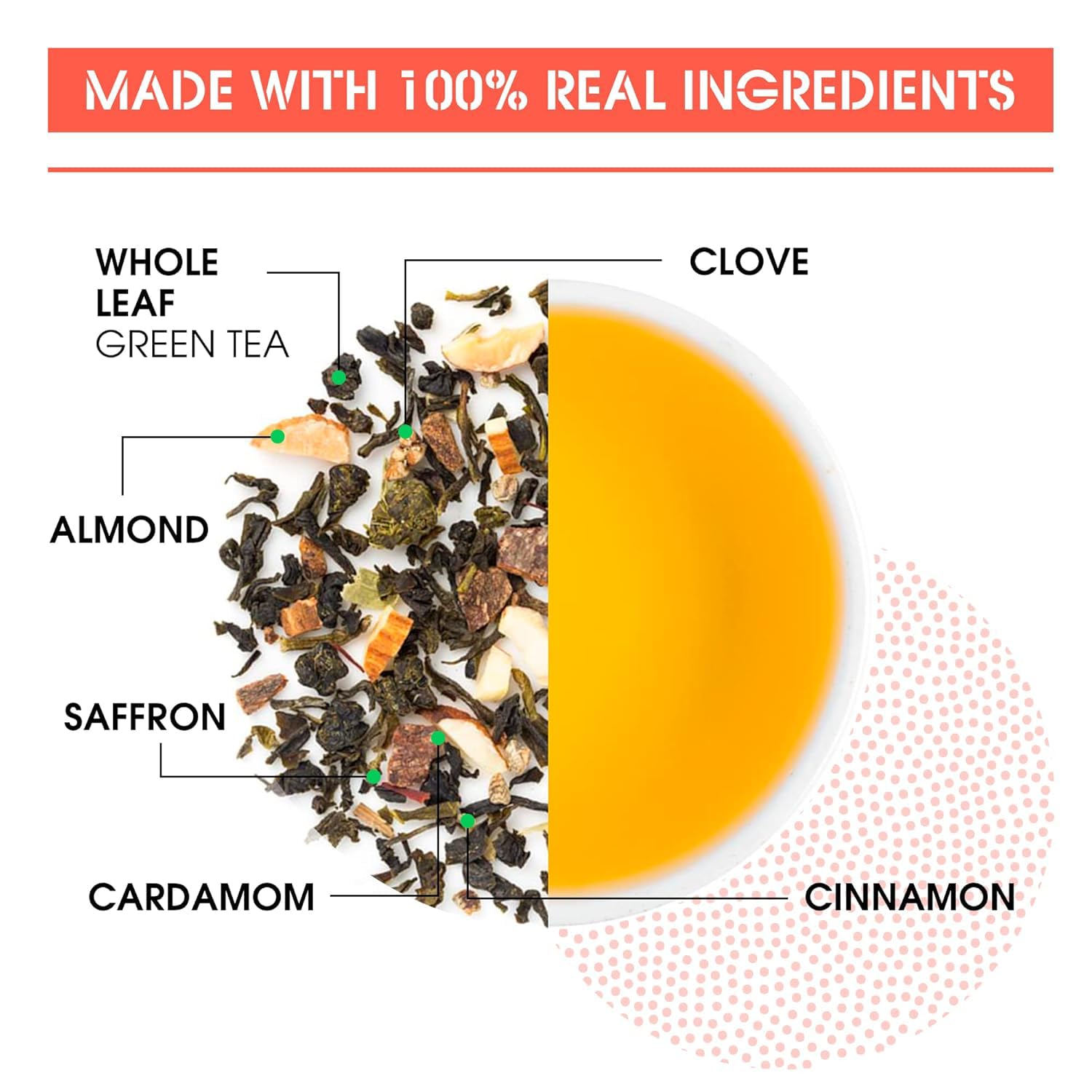 Teabox Kashmiri Kahwa Fresco Azafrán (Kesar) Té verde mezclado a mano con azafrán natural, almendra, cardamomo y clavo, ingredientes 100% naturales, 100 g