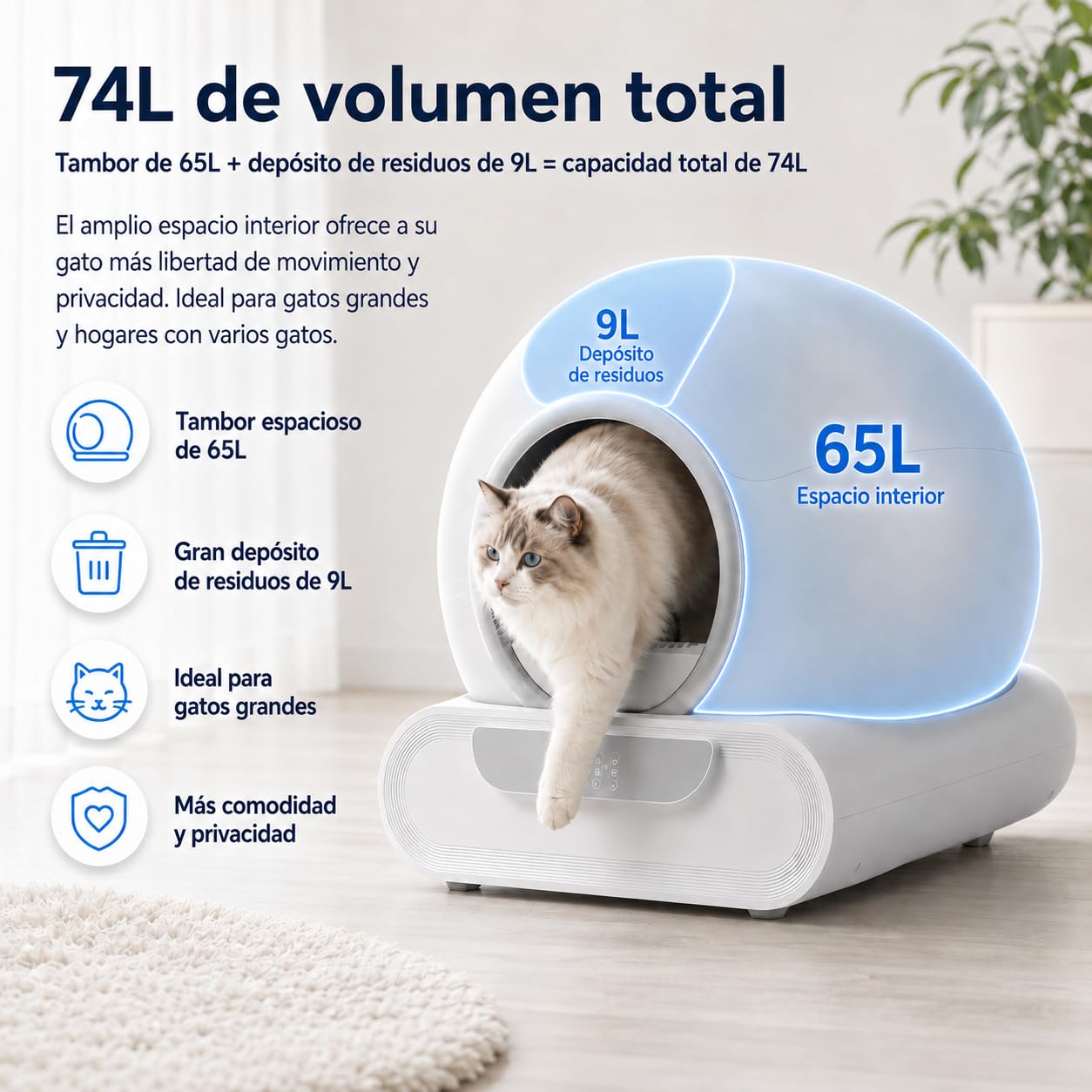Arenero Gatos Autolimpiable XXL 65L+9L, Arenero Automatico con Control App WiFi 2.4GHz, Monitorización de Peso y Actividad, Sistema Antiodor, para Varios Gatos 1-8 kg (H)