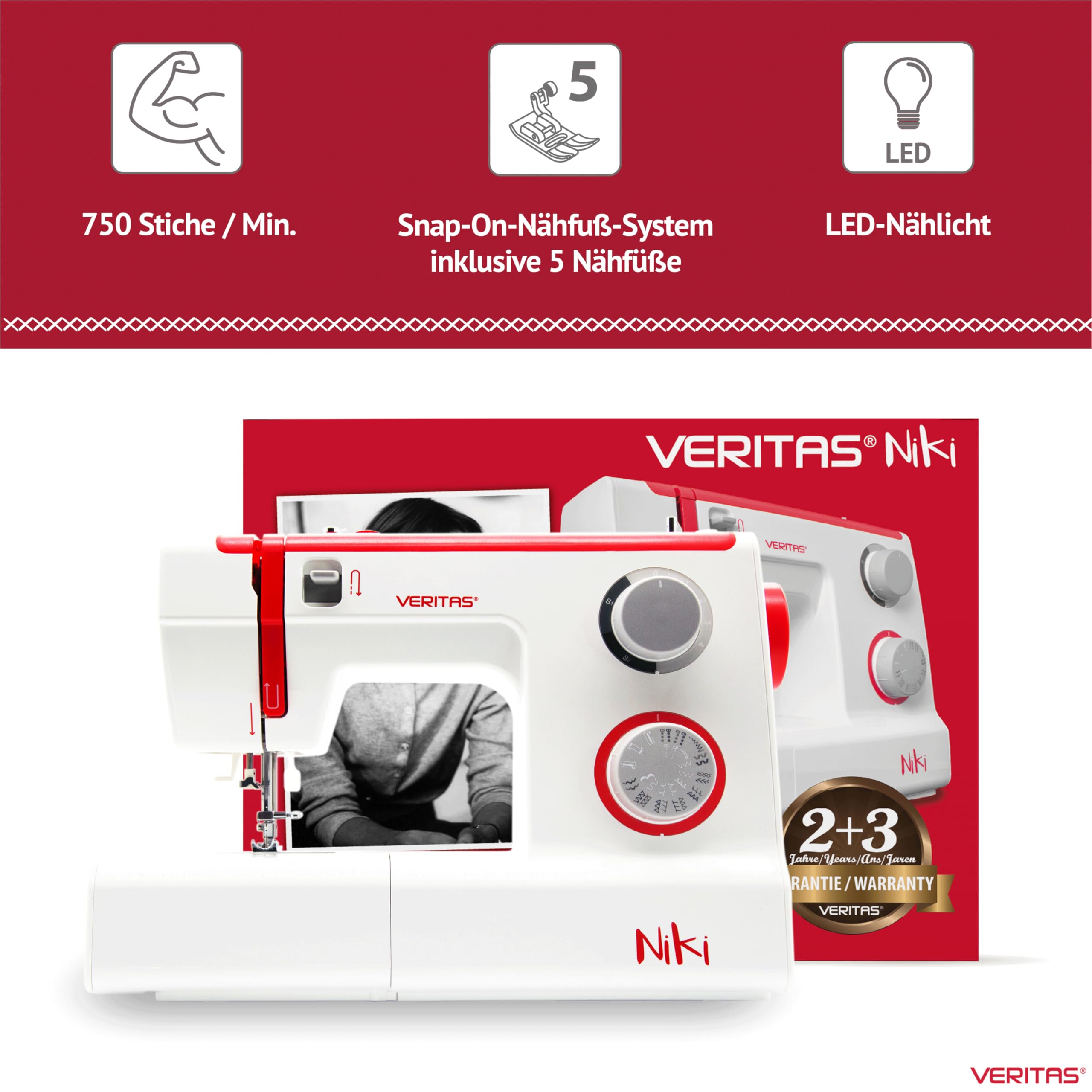 VERITAS Freiarm-Nähmaschine Niki I mit Fußpedal I Einfädelhilfe & Fadenabschneider I 23 Stiche I Einstellbare Stichlänge I LED-Nählicht I Mechanische Nähmaschine für Anfänger (weiß-rot)