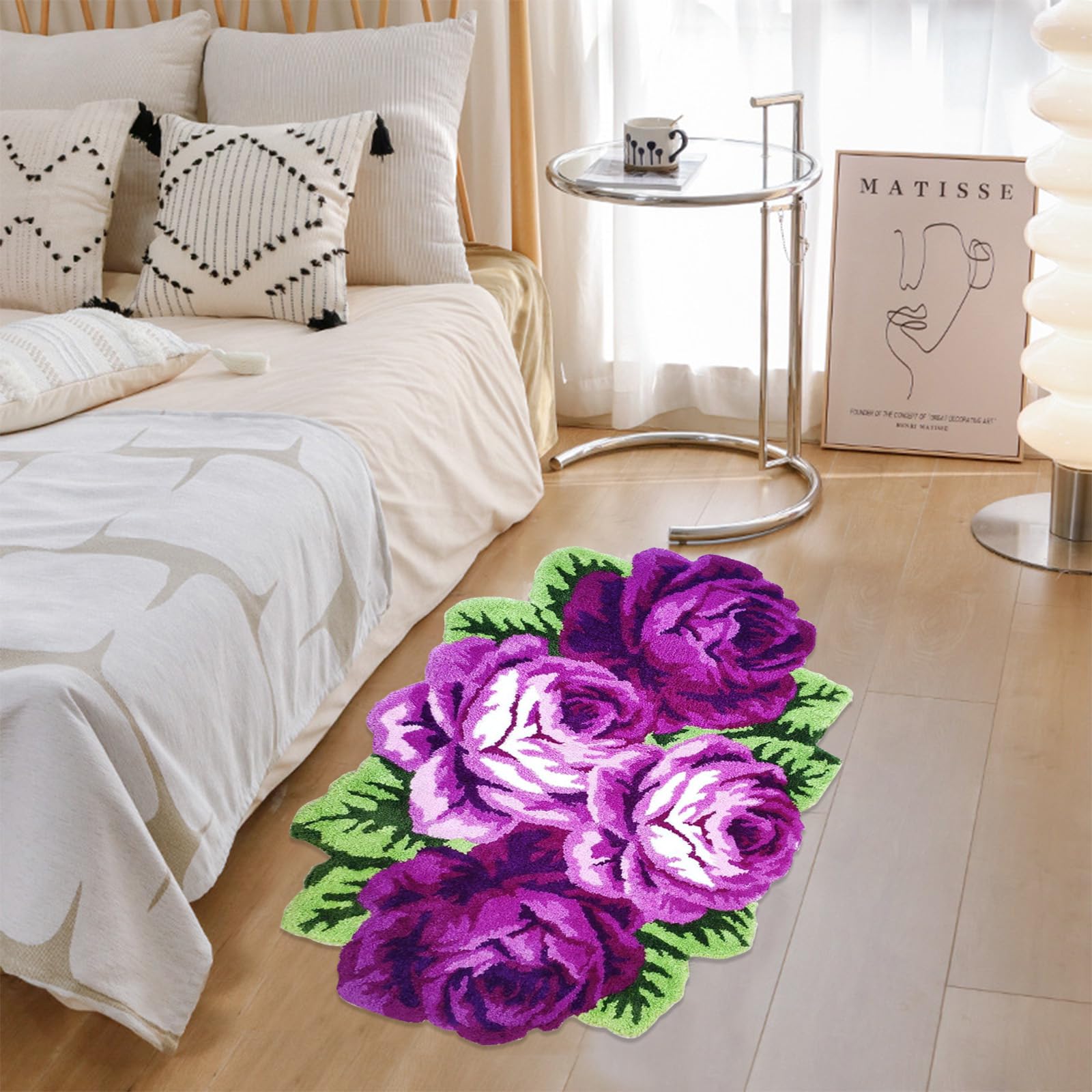 ABREEZE 4 Rose Rug Floor Runner Handmade Rug Blue Floral Mats Anti-Slip(Non-Slip) Modern Carpet Washable Floor Mats for Bedroom/Sofa/Bathroom (4 Roses