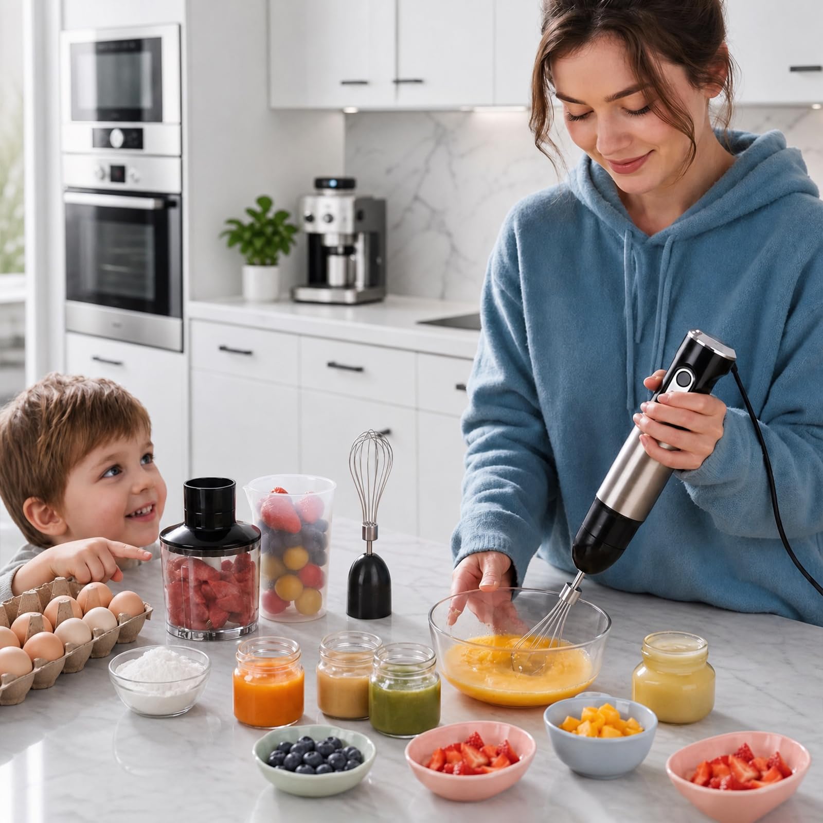 Frullatore a immersione 4 in 1, max 1000 W, motore resistente, 7 modalità di velocità, lama in acciaio inox con tritatutto da 500 ml, bicchiere da 600 ml per alimenti per bambini e frullati