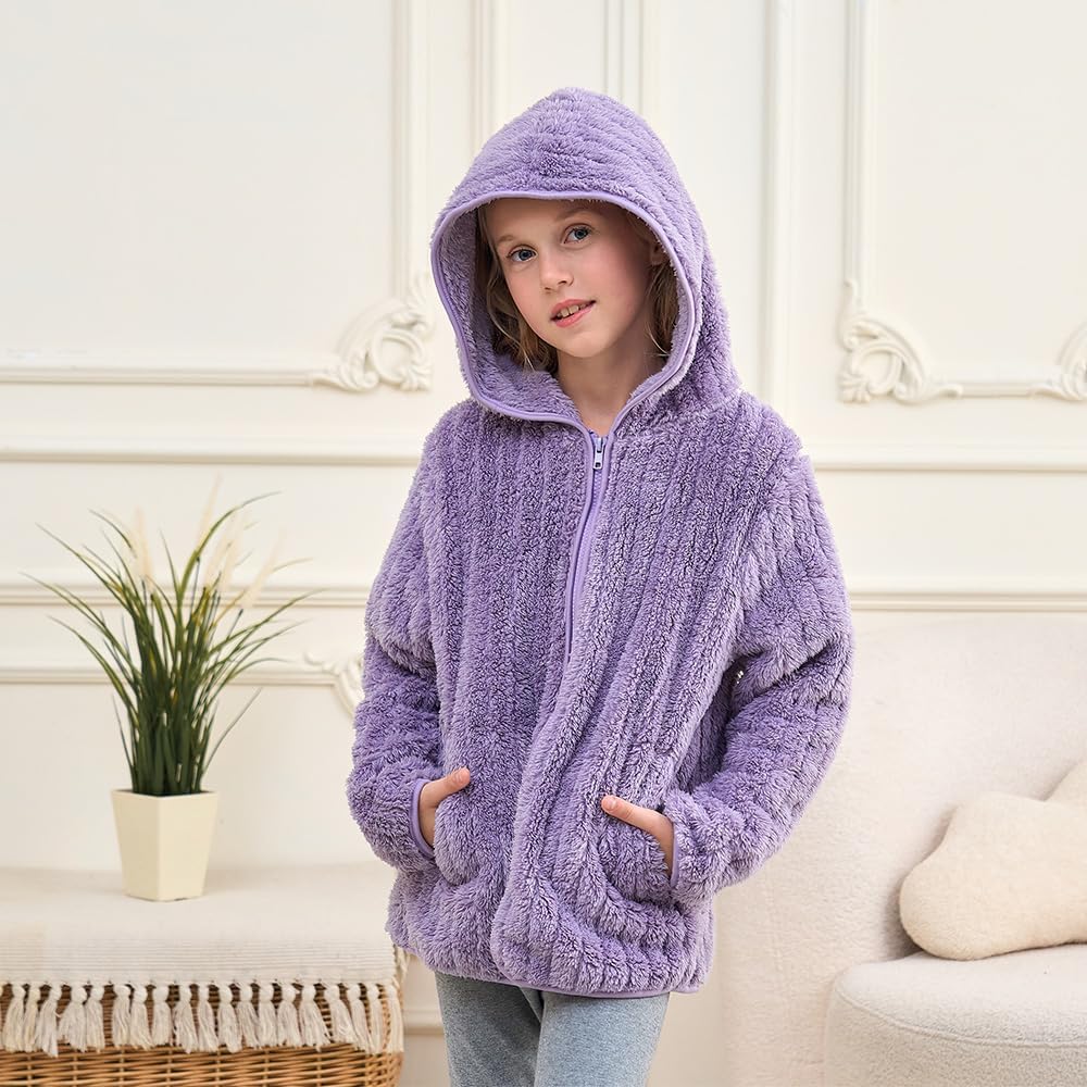 Girls Fleece Jackets Sherpa Fuzzy Hoodies Light Pullover Full Zip Up Kids Sweatshirts Size 3-12 Years - Image 5