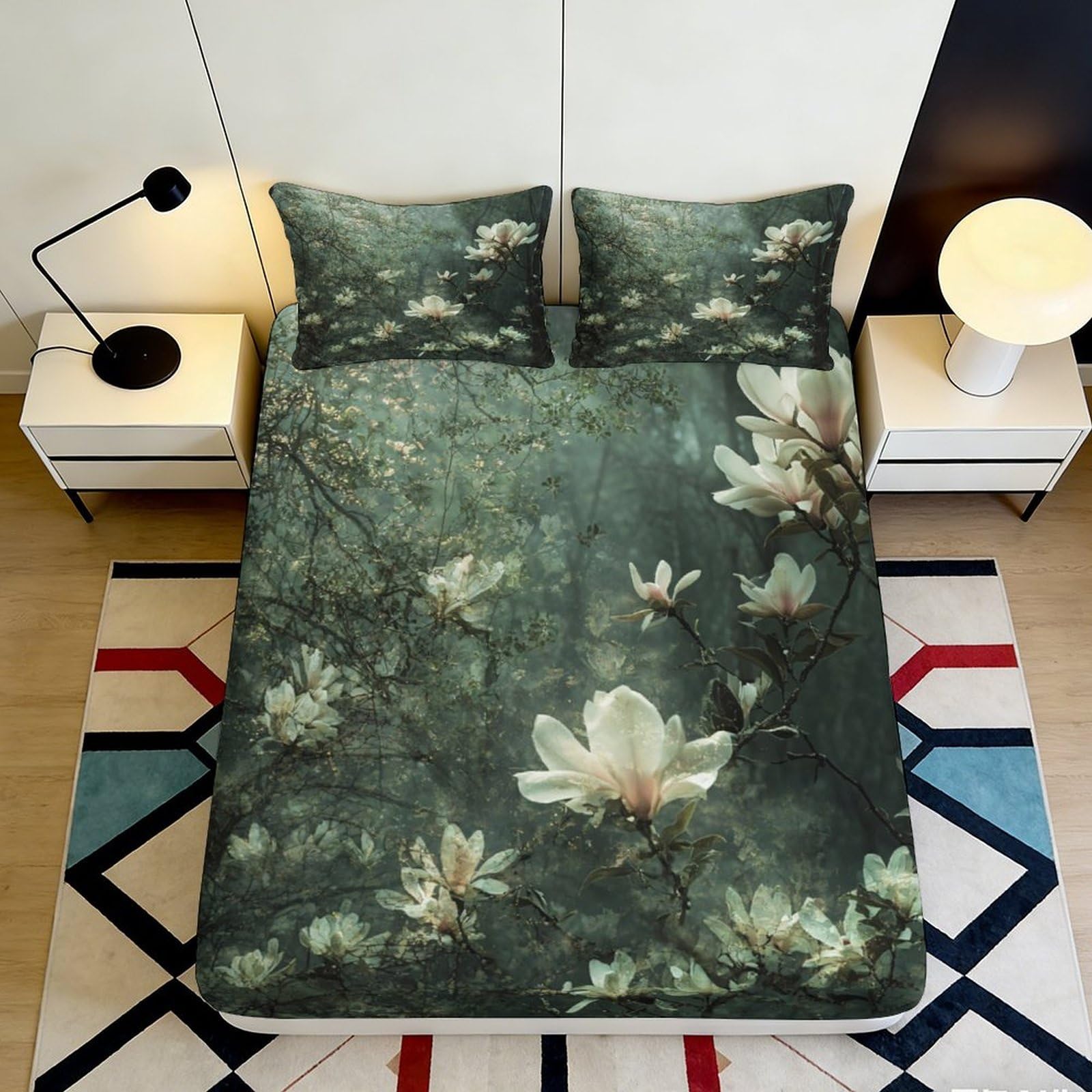 3D Printed Magnolia Forest Fitted Sheet Microfiber Soft Mattress Cover Bedroom Decor Anti-Slip Machine Washable 90x200x25cm