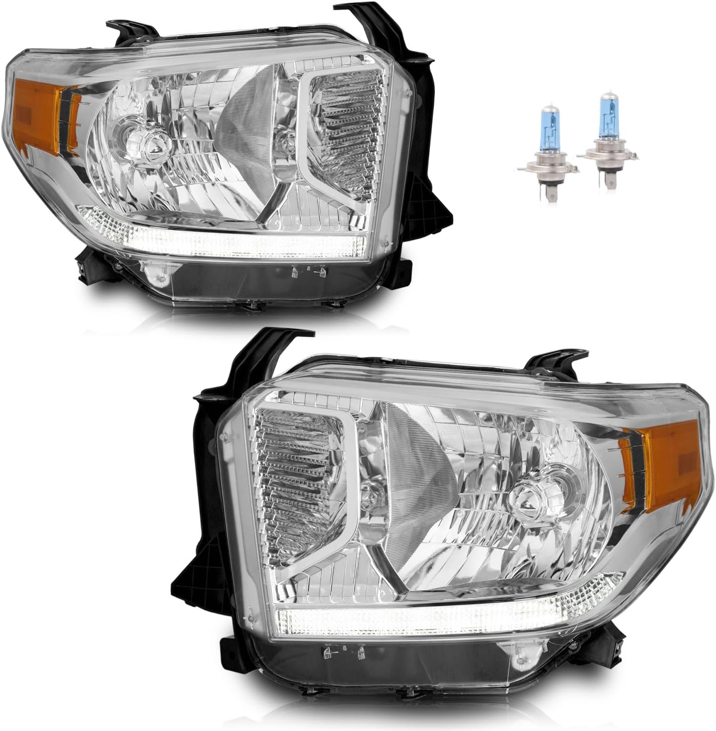 Headlights with DRL Strip for 2014-2021 Toyota Tundra Halogen Headlamp Replacement with High/Low Beam Bulbs, Driver & Passenger Side