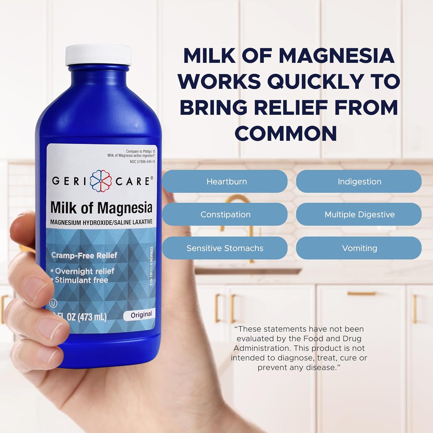 GeriCare Milk of Magnesia, Magnesium Hydroxide 1200mg| Fast Overnight Constipation Relief| Cramp-Free Saline Laxative & Stool Softener| Antacid for Heartburn & Indigestion| Original Flavor| 16 Fl Oz Original 16 Fl Oz (Pack of 1)
