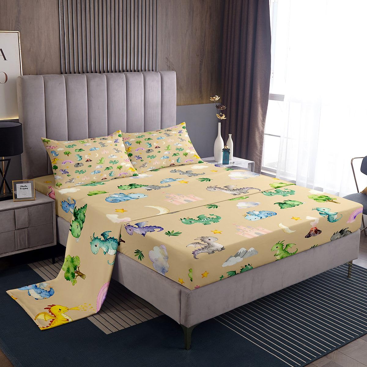 Kids Baby Dragon Bedding Queen Size Animal 4 Pieces Sheet With 26 Inch Deep Pockets for Boys Girls Bedroom Decor Cartoon Wildlife Bed Sheets Set Microfiber Women Men Brown Beige With 2 Pillow Case