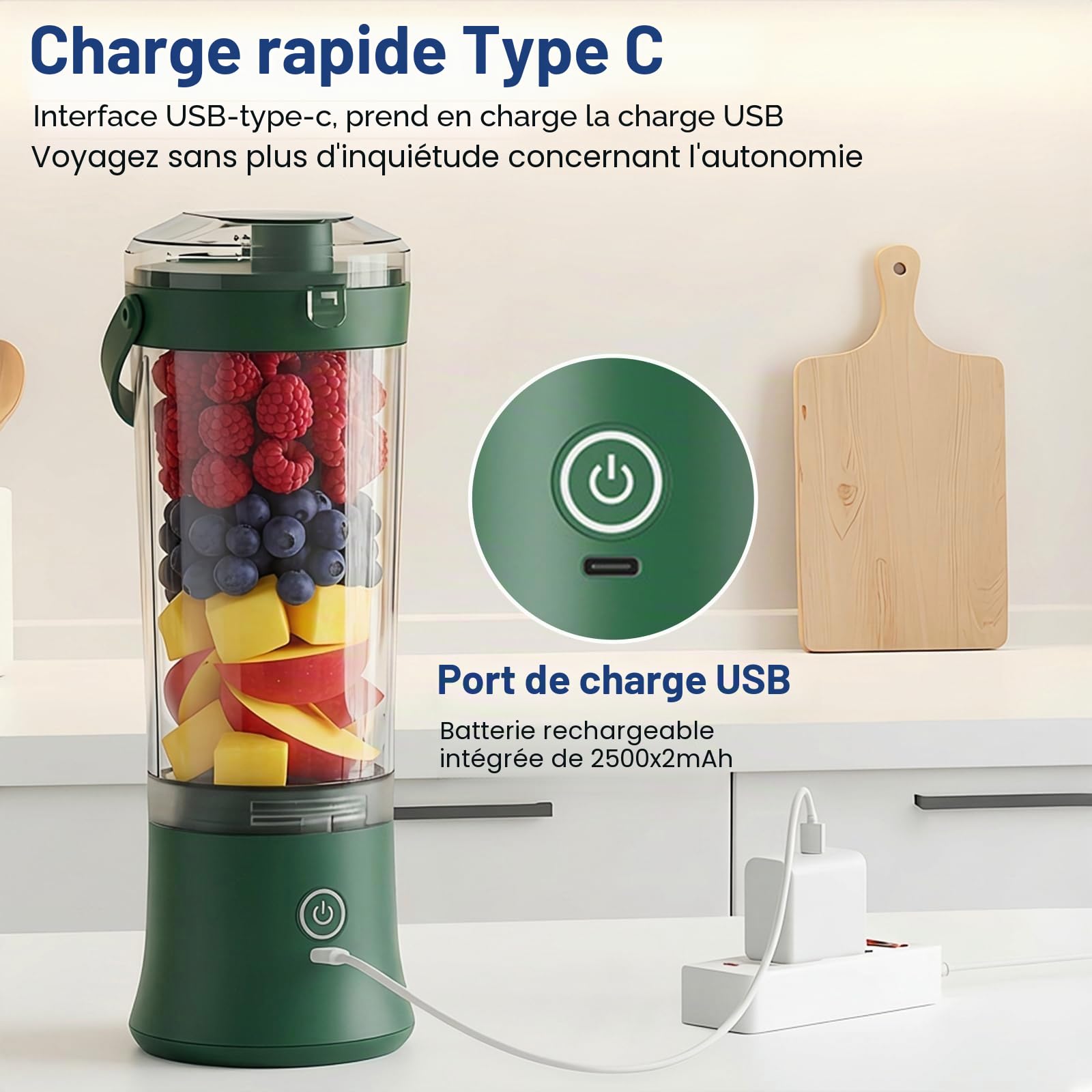 TOPESCT Mixeur portable pour shakes et smoothies,mini mixeur personnel 500 ml,rechargeable par USB avec 6 lames ultra-tranchantes pour les voyages,le bureau et le sport(Vert noirâtre)