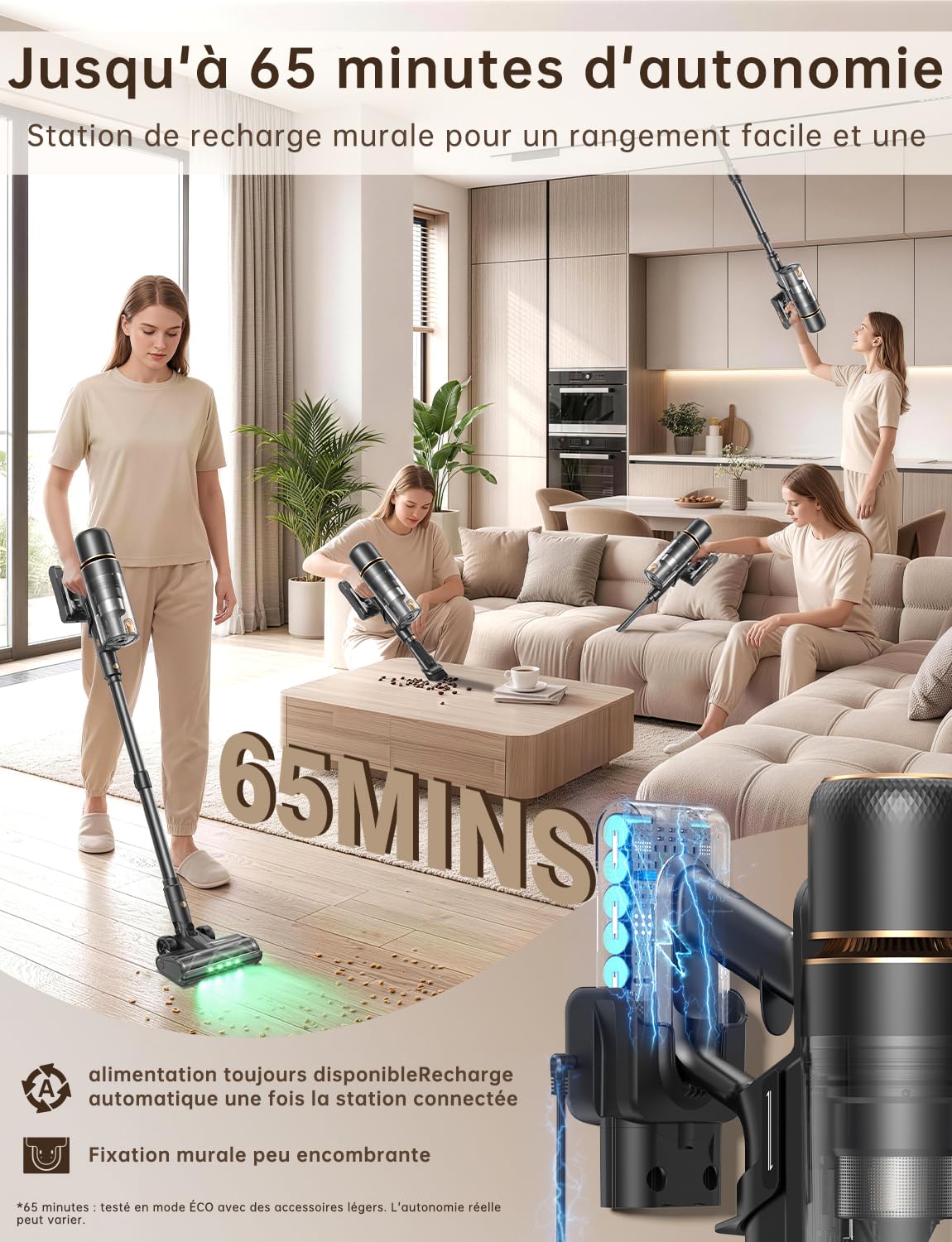 OXVAC Akku Staubsauger kabellos 58KPa/70Min/600W Smart Display 1,8L Behälter HEPA-Abstreifer selbststehend V-Anti-Tangle-Bürste Wandladestation selbstreinigendes Filtersystem für Tierhaare Teppiche