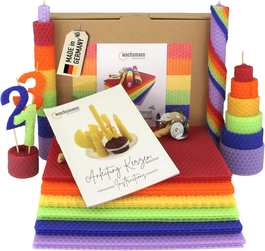 Wachsmann Kerzen Bastelset „Rainbow“, 100% Bienenwachs aus Deutschland – 18 farbige Wachsplatten (20 x 15 cm) mit Hanfdochten – Kerzen selber machen Set für Kinder & Erwachsene, DIY Bienenwachskerzen