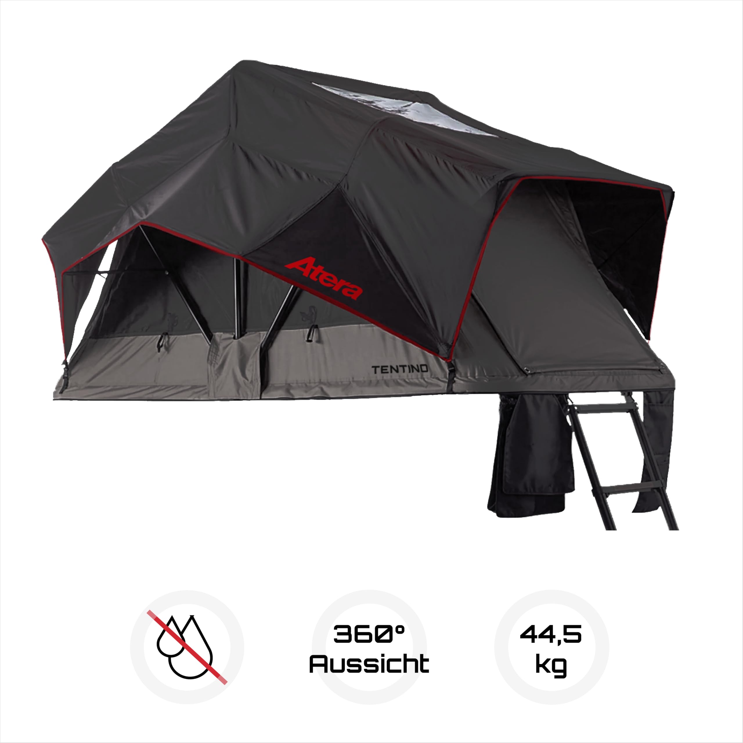 Atera 082299 Tentino Leichtbau Autodachzelt mit 360° Panorama-Aussicht, Matratze - 225 x 122 cm Liegefläche, LED-Beleuchtung - Skyline-Fenster, Schwarz | mit 360° Panorama-Aussicht, Matratze & LED-Beleuchtung, Skyline-Fenster, Art. Nr. 082299