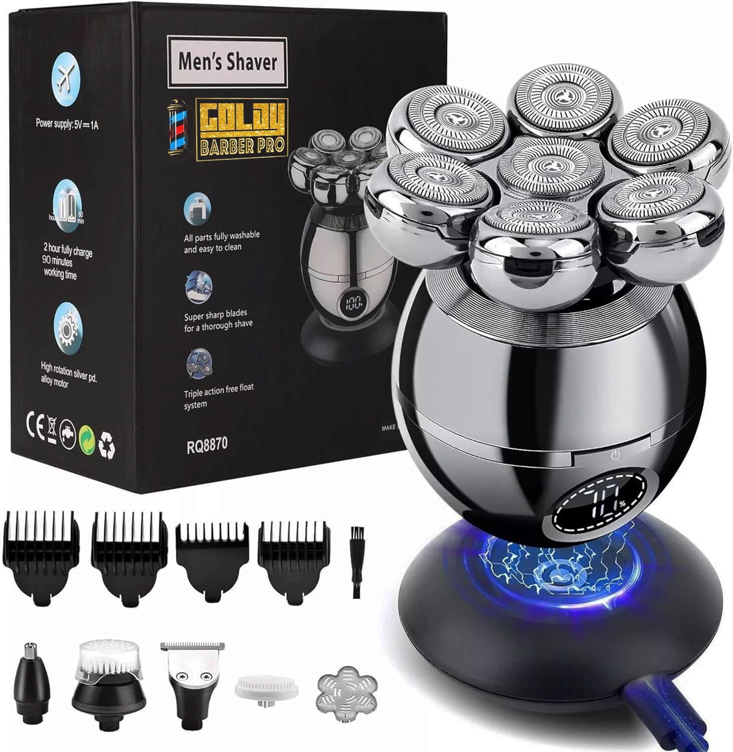 7D Floating Head Shaver for Bald Men, 5-in-1 Grooming Kit, LED Display | IPX6 Waterproof Skull Shaver, Wireless Type-C Charging | 360° Rotary Shaving, Wet/Dry, Bald Head Shaver