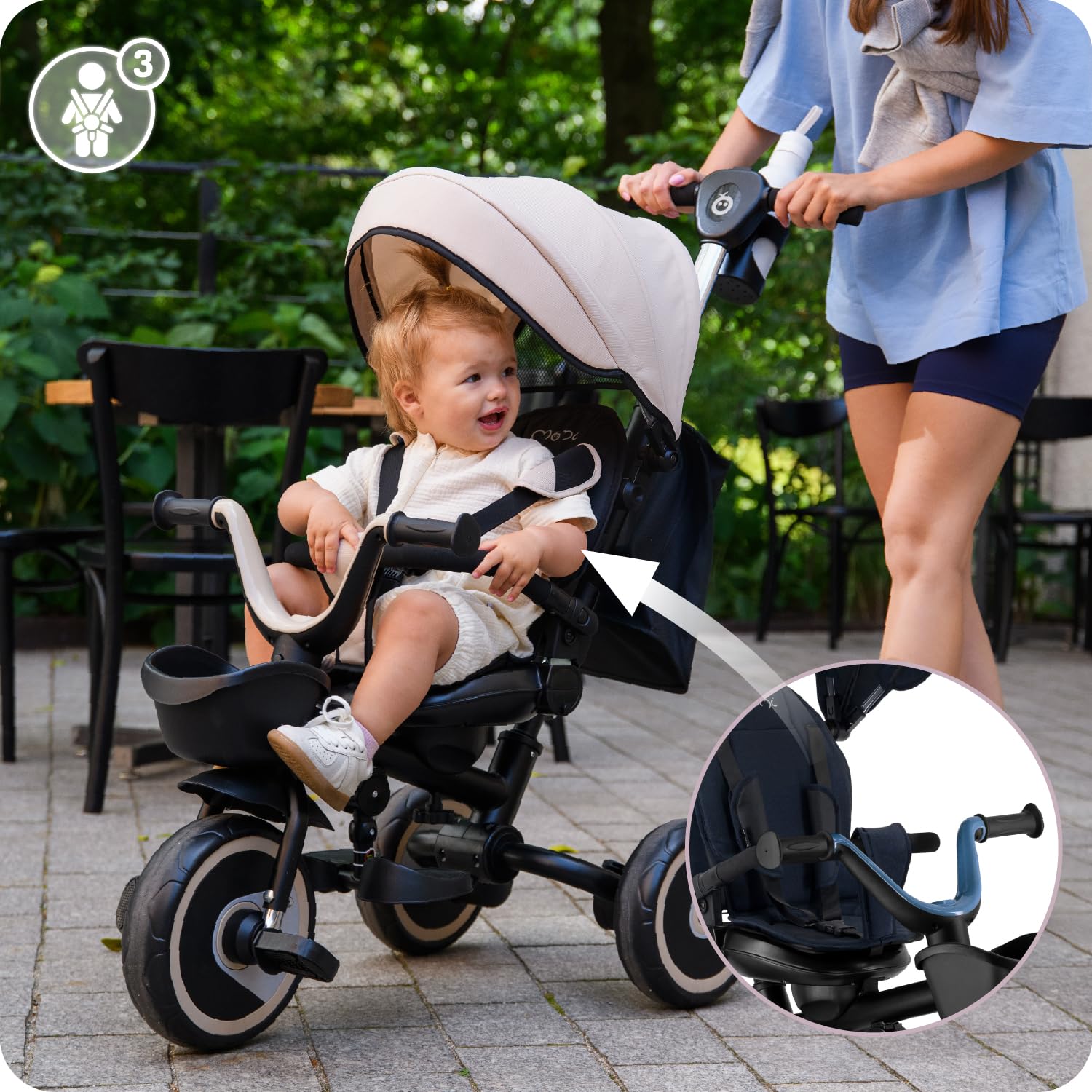 Triciclo per bambini MoMi IVI, seduta girevole 360°, cinture a 3 punti, poggiapiedi, tettuccio parasole, ruote EVA, manubrio regolabile, borsa e cestino portaoggetti