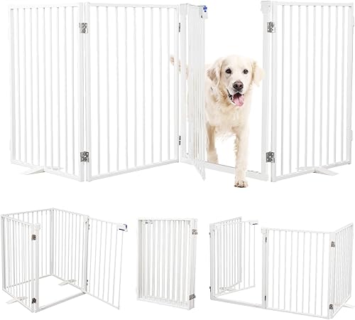 Puertas de metal independientes para perros con puerta, extra anchas de 24 pulgadas, 32 pulgadas de altura, valla plegable para interiores y