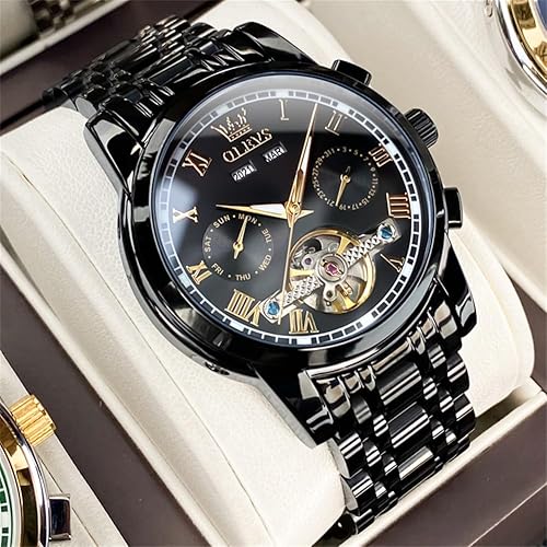 Miniatura 8 de OLEVS Reloj automático para hombre, cuerda automática, mecánica, de lujo, de acero inoxidable, multicalendario, impermeable, luminoso, reloj de