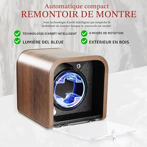 Automatic Watch Winder, Single Watch Winder with 4 Rotation Modes/Blue LED Light/Smart Stop Technology/Foam Lining/Silent Motor/Wooden Display Case for Automatic Watches - 2