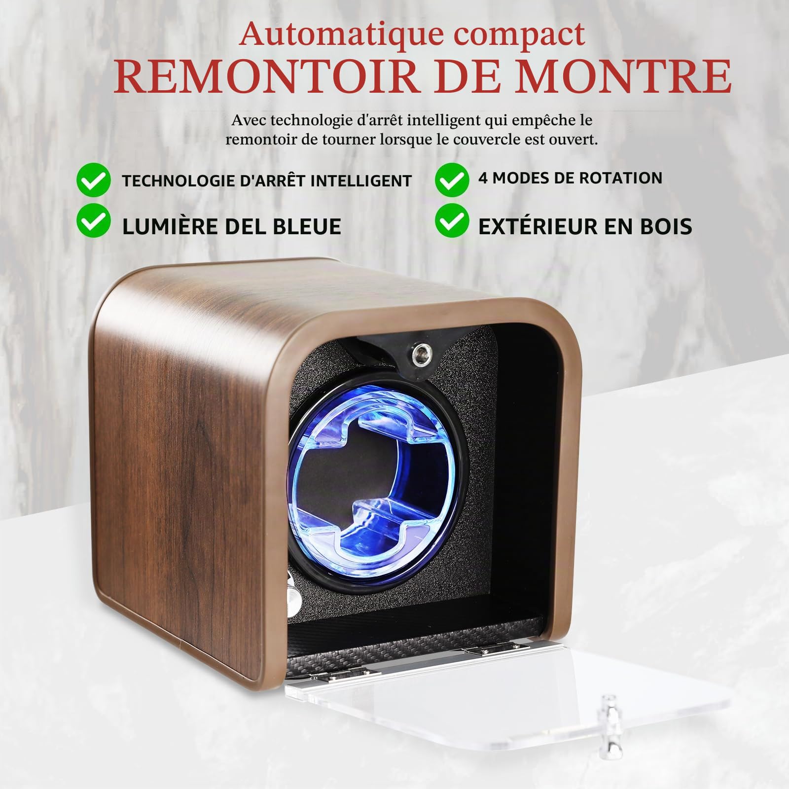GAIN EXPRESS Remontoir Montre Automatique, Simple Tourne Montre avec 4 Modes de Rotation Remontoir avec Éclairage LED Bleu, Rembourrage en Mousse, Boîte de Rangement pour Montres Automatiques