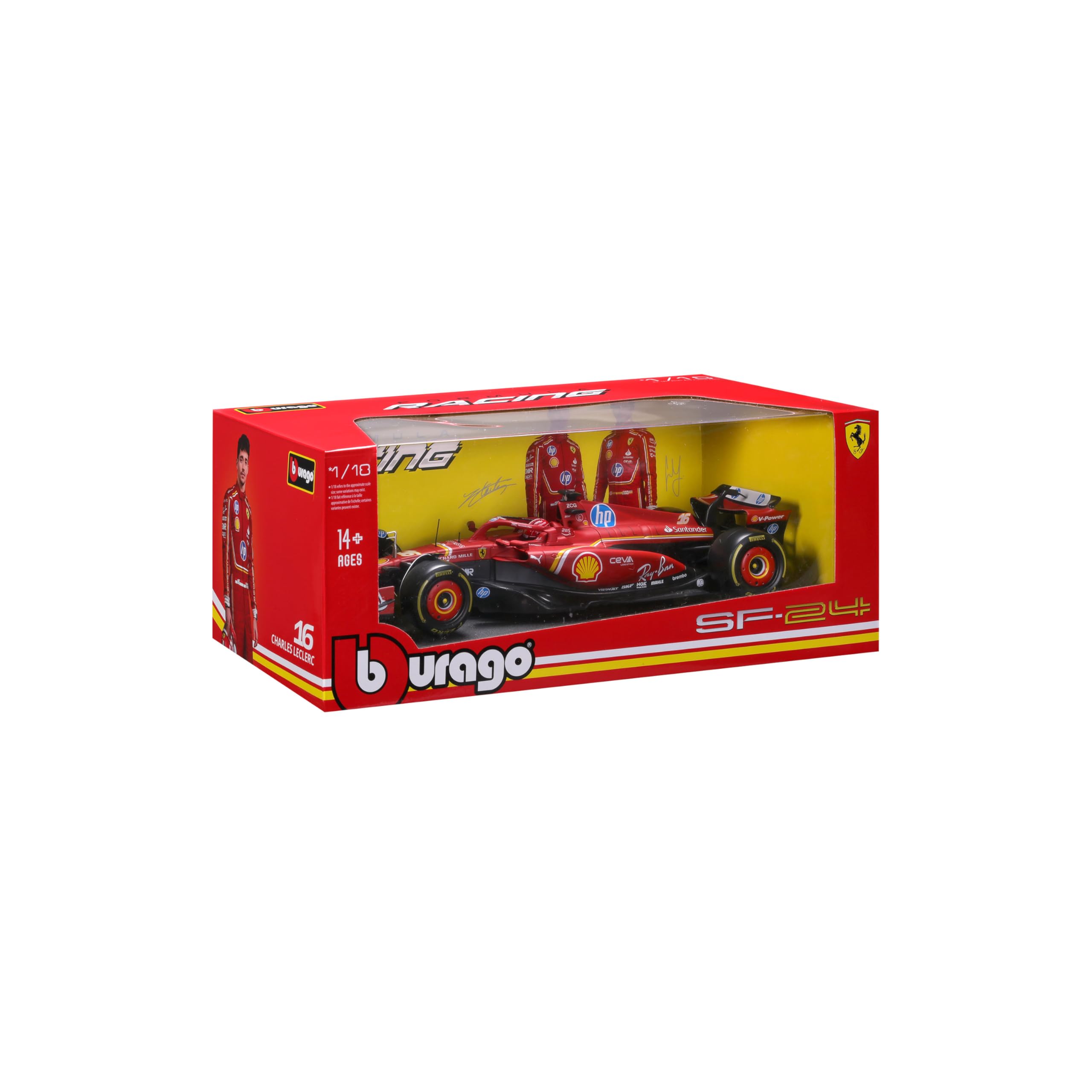 Bburago Formel 1 Ferrari SF-24 Imola-Version (2024): Modellauto im Maßstab 1:18, mit Fahrer #16 Leclerc, Window Box, 34,6 cm, rot (18-16815L)