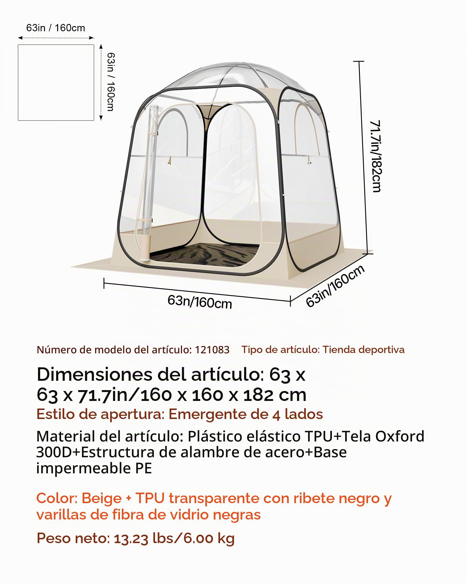 VEVOR Tienda de Campaña Deportiva Emergente, 160 x 160 x 182 cm, Carpa Deportiva Impermeable Transparente con Tapete y Cubierta Superior para 2-4 Personas para Jardín, Camping, Pesca y Animaciones