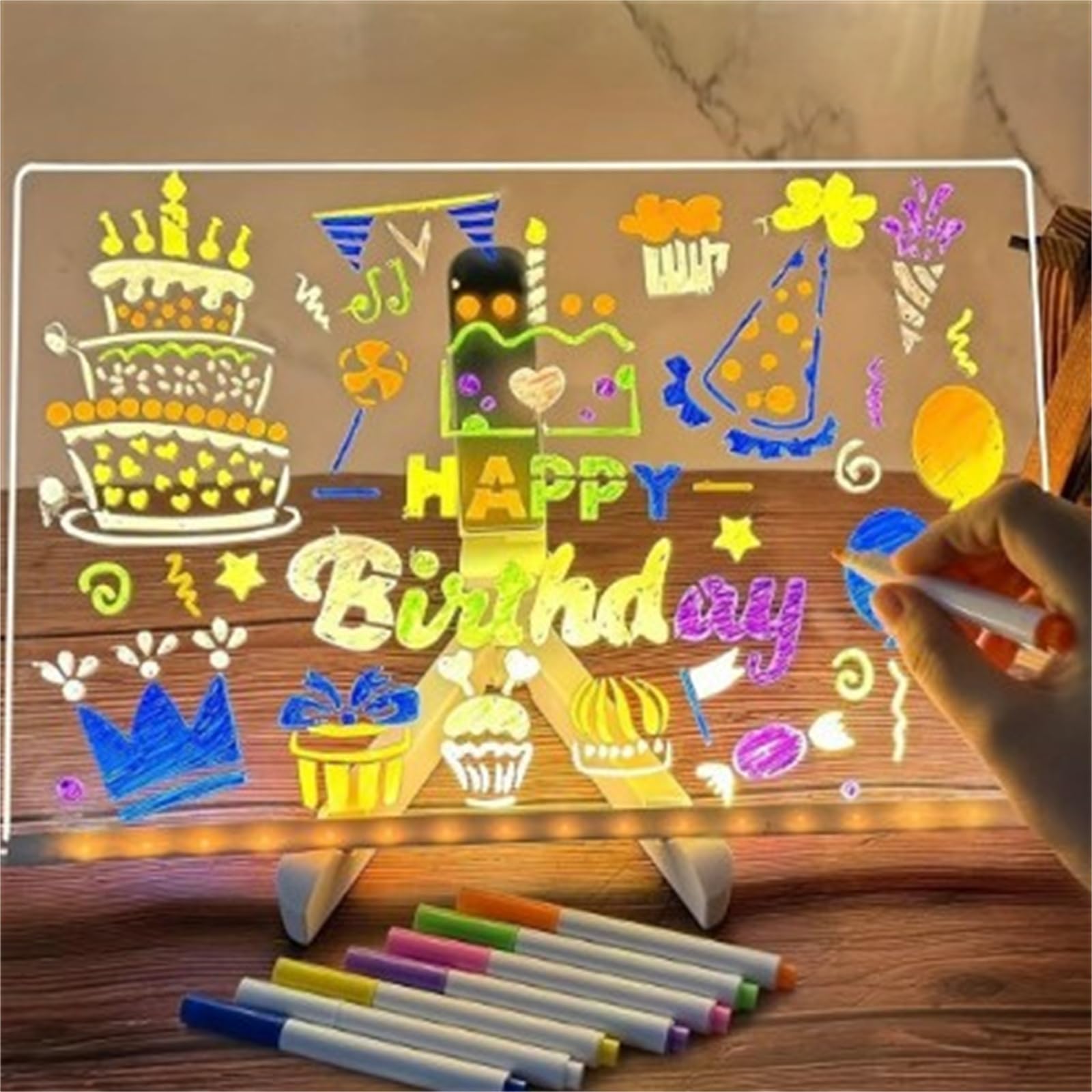 Tablette lumineuse Wondiko Tableau blanc LED acrylique transparent effaçable avec 7 couleurs et support réglable, panneau d’écriture lumineux pour bureau maison café