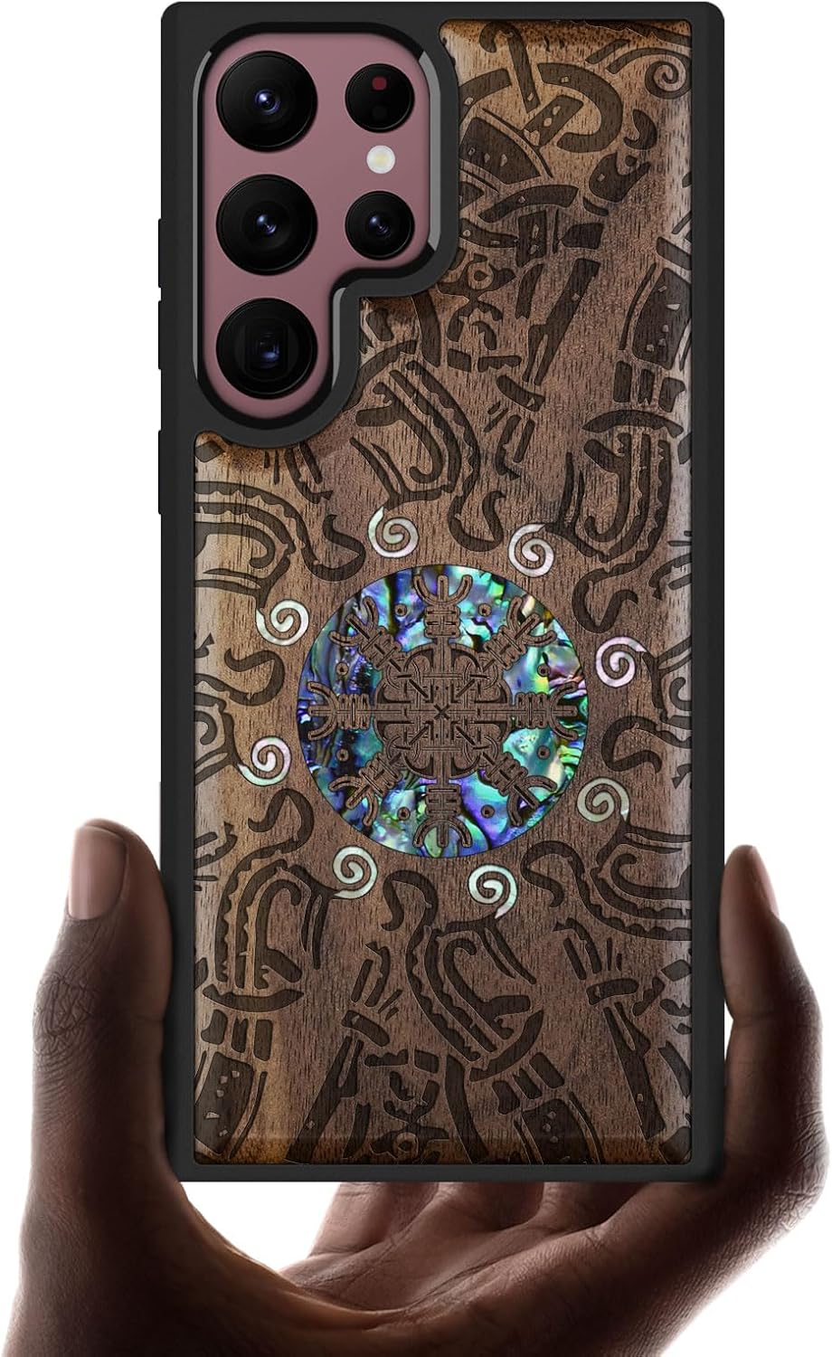 Carveit Designer Wooden Cover for Samsung Galaxy S22 Ultra Case [Wood Engraving & Shell Inlay] Compatible with Wireless Chargers S22 Ultra (Shield of The Ancients-Walnut)