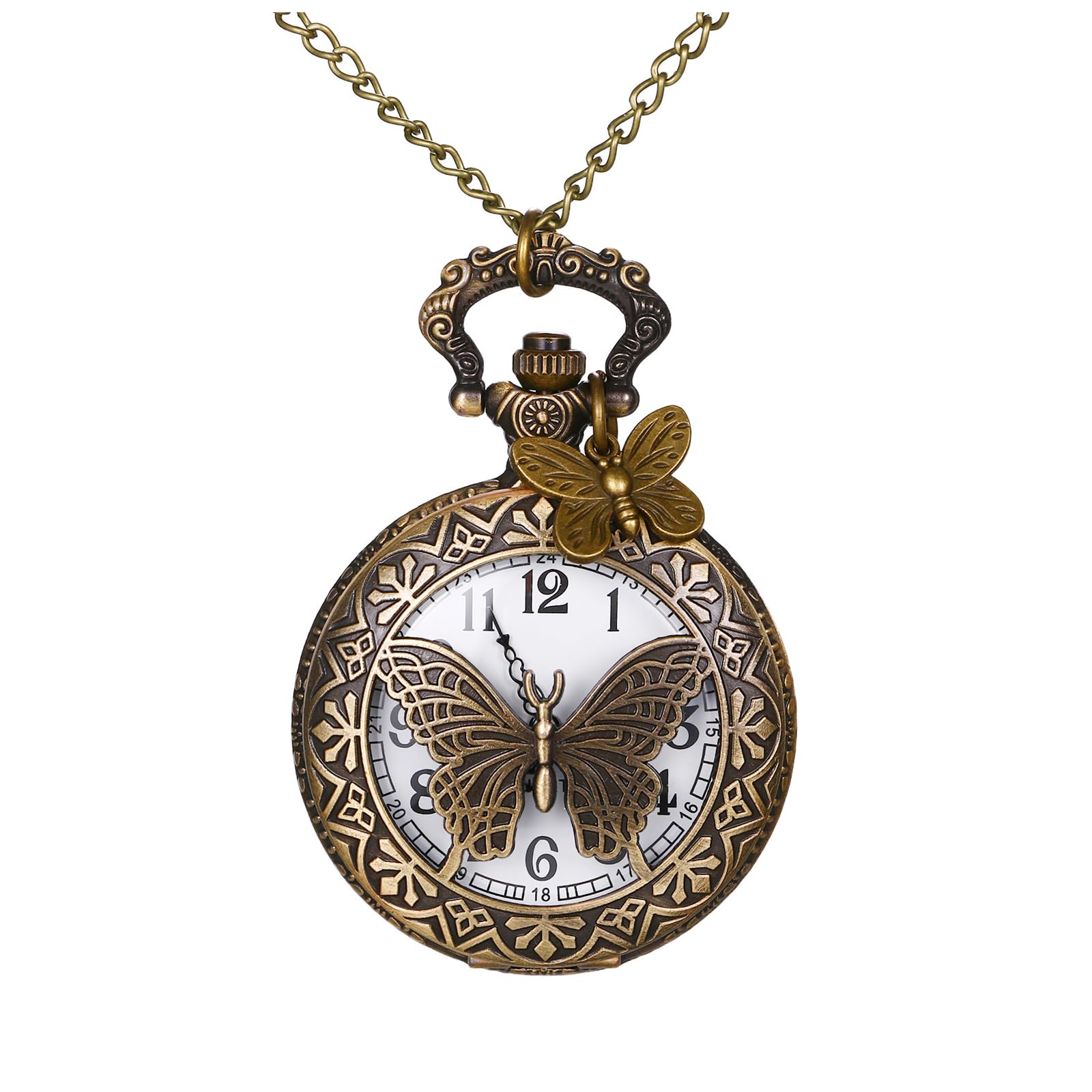 Hollow Butterfly Pocket Watches: Bronze Vintage Retro Analog Quartz Watch with Chain for Men and Women-image-38