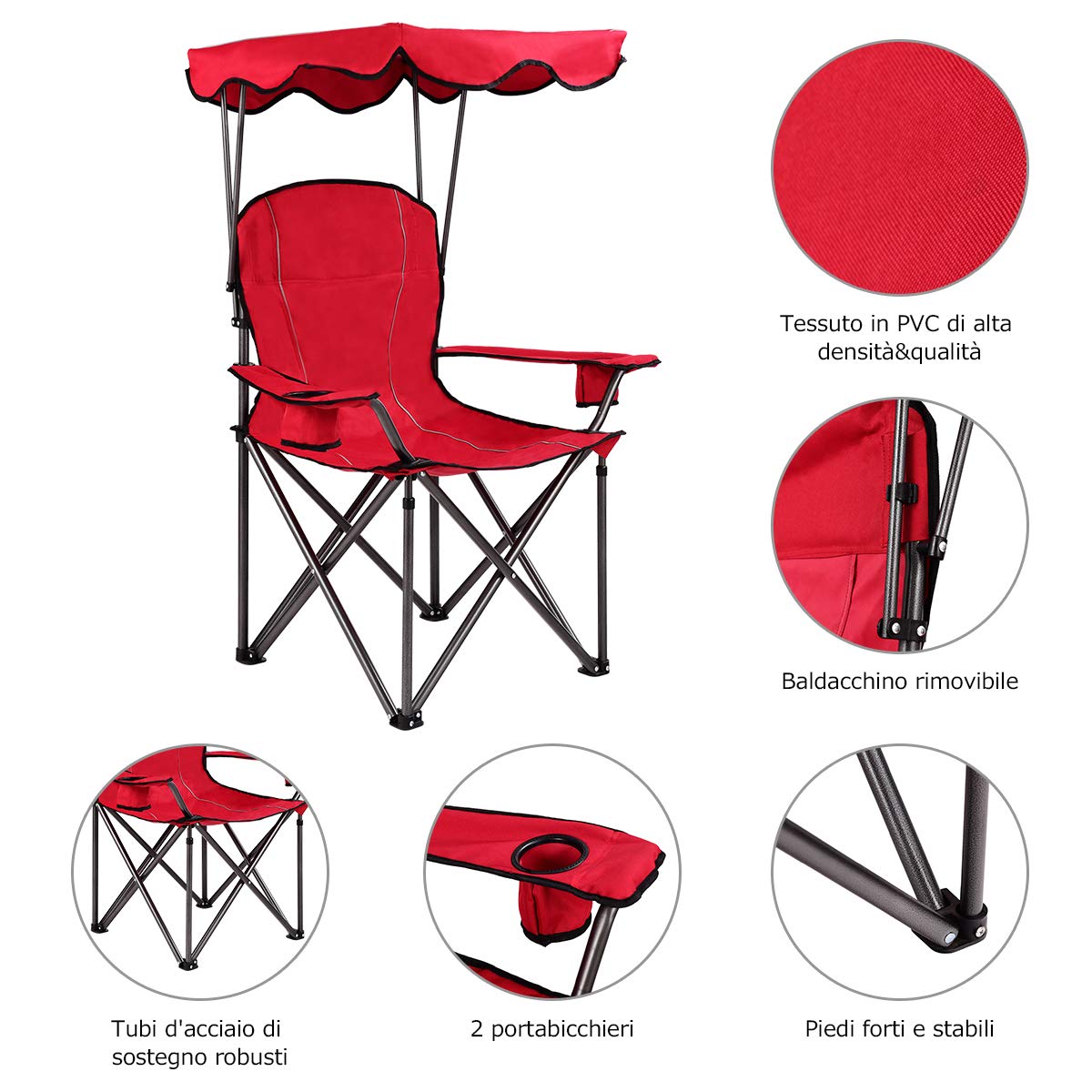 COSTWAY Sedia da Campeggio con Tettuccio, Poltrona da Spiaggia Pieghevole con Portabicchieri, Sedia Mare Leggera e Portatile, con Braccioli, Portata 120 kg (Rosso)