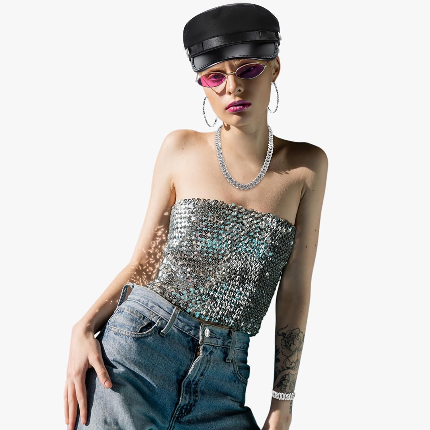 Chauffeur Hat Retro Classic Newsboy Cap for Men Women with Silver Rhinestone Necklace Link Chain Bracelet Earrings - Image 7