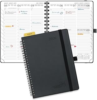POPRUN Agenda 2026 Semainier 22 x 16,5 cm - Couverture Souple en PU Cuir Spirale, Vertical Planner, D