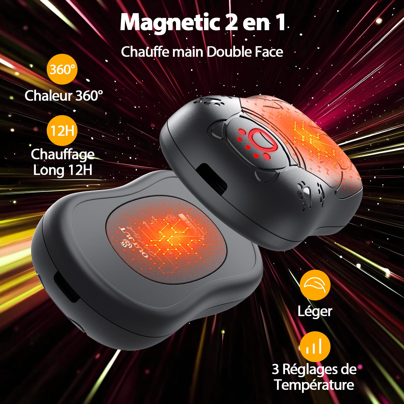 Chauffe Main Electrique 2 en 1 Noir, Chaufferette Main Reutilisable, 3 Niveaux de Chauffe, 12000mAh Rechargeable par USB, Cadeaux Hiver Unisexes, pour Camping et Sports en Extérieur
