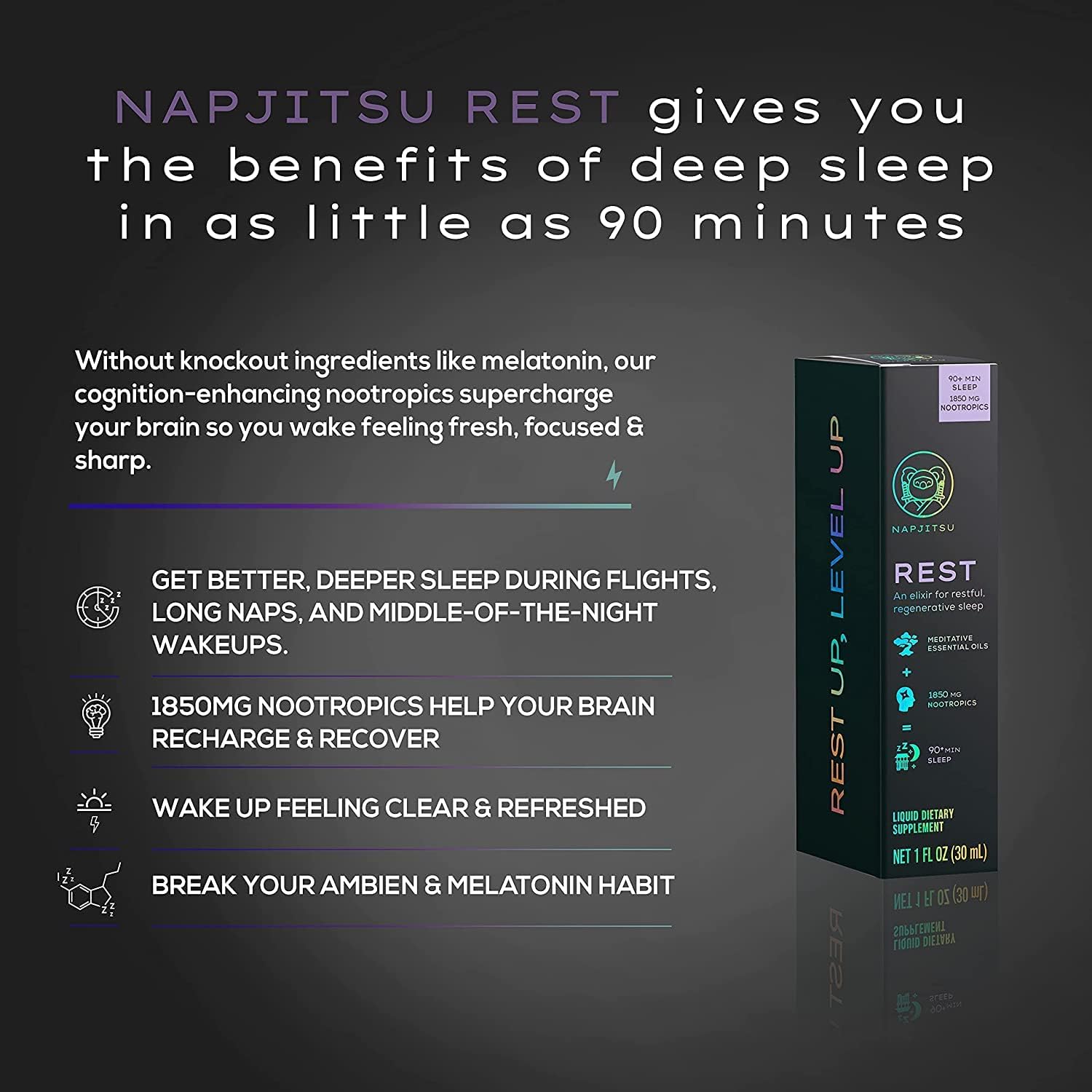 NAPJITSU Rest Nootropic Elixir Sleep Aid for Deep, Regenerative Sleep (90+ Minutes) for Long Naps, Overnight, Flights - 1 Fl oz : Health & Household