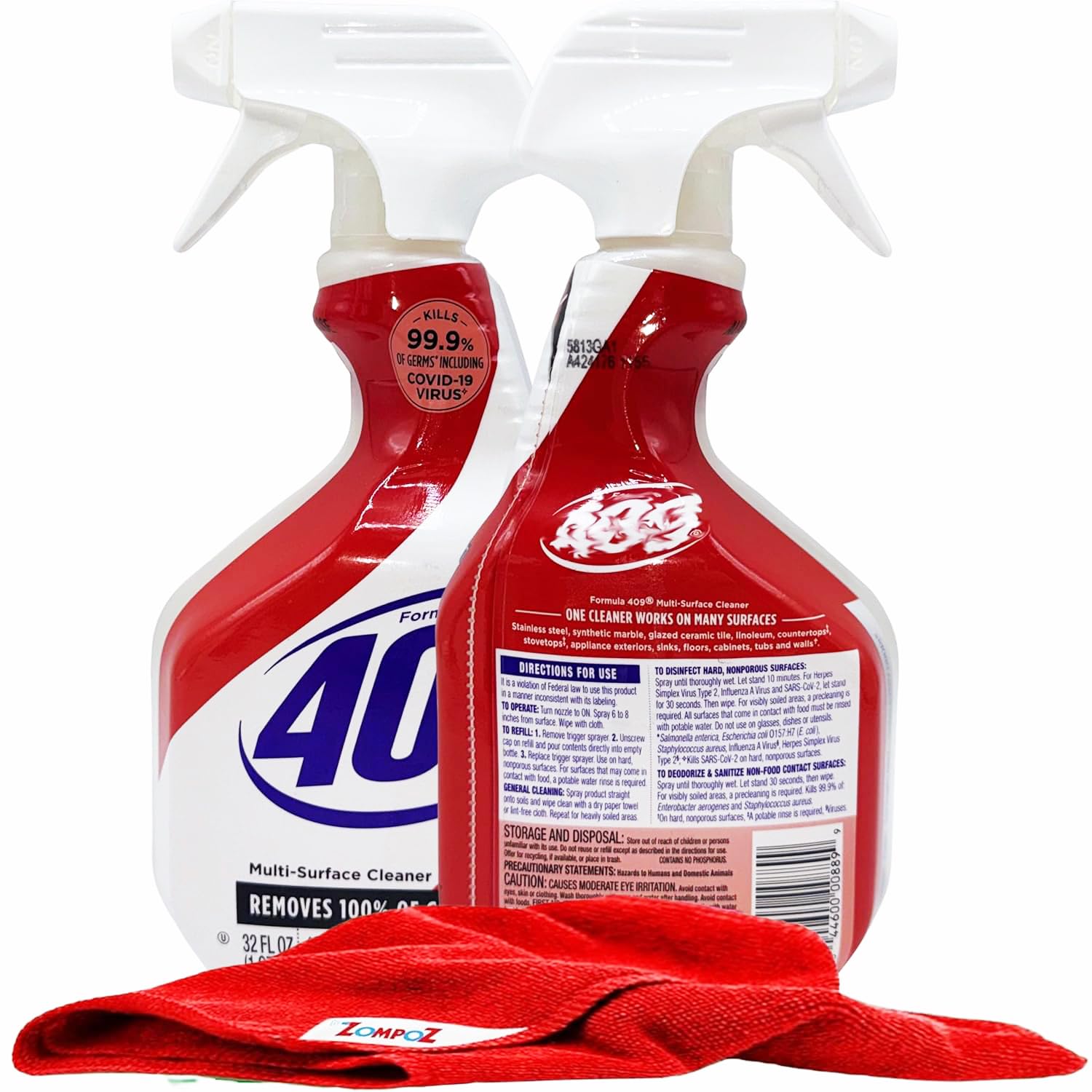 Multi Surface Cleaner Spray, 2 Pack Original Fresh Scent, All Purpose Cleaner and Degreaser, Kitchen and Bathroom Cleaner, 32 oz. Each Plus Zompo-Z Microfiber Cleaning Cloth