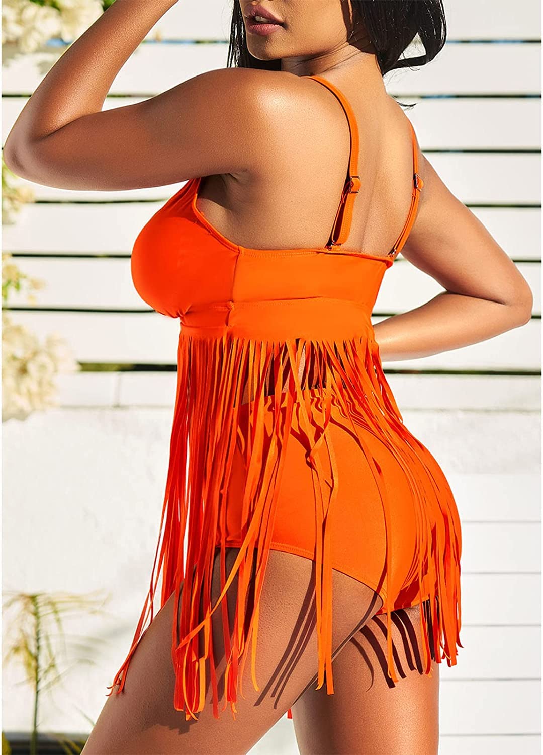 chuangminghangqi Costumi da Bagno Donna Due Pezzi Vita Alta Tankini Donna Mare Push up Curvy con Frange Bikini Set con Top a V con Imbottitura e Pantaloncini Corti