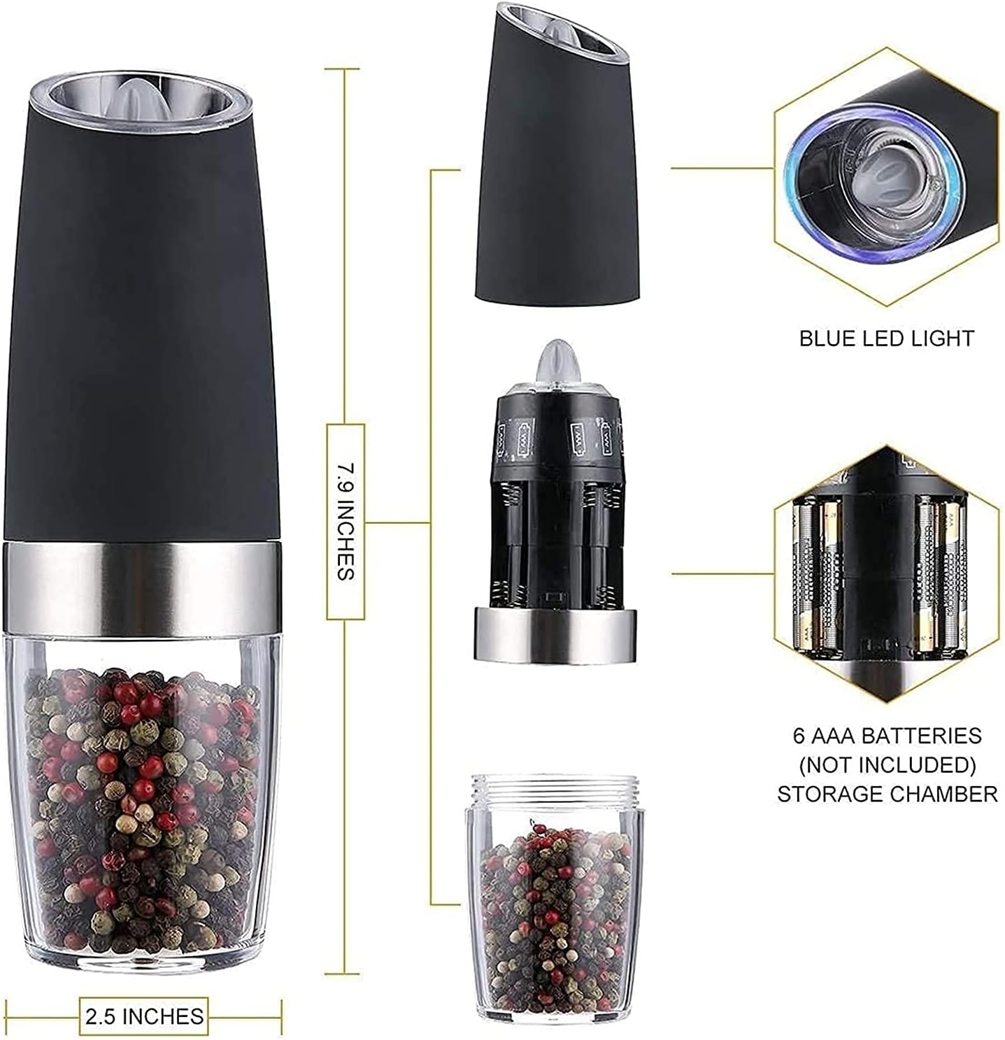 Electric Pepper and Salt Grinder Set, Adjustable Coarseness, Battery Powered with Blue LED Light, One Hand Automatic Operation,2 Pack