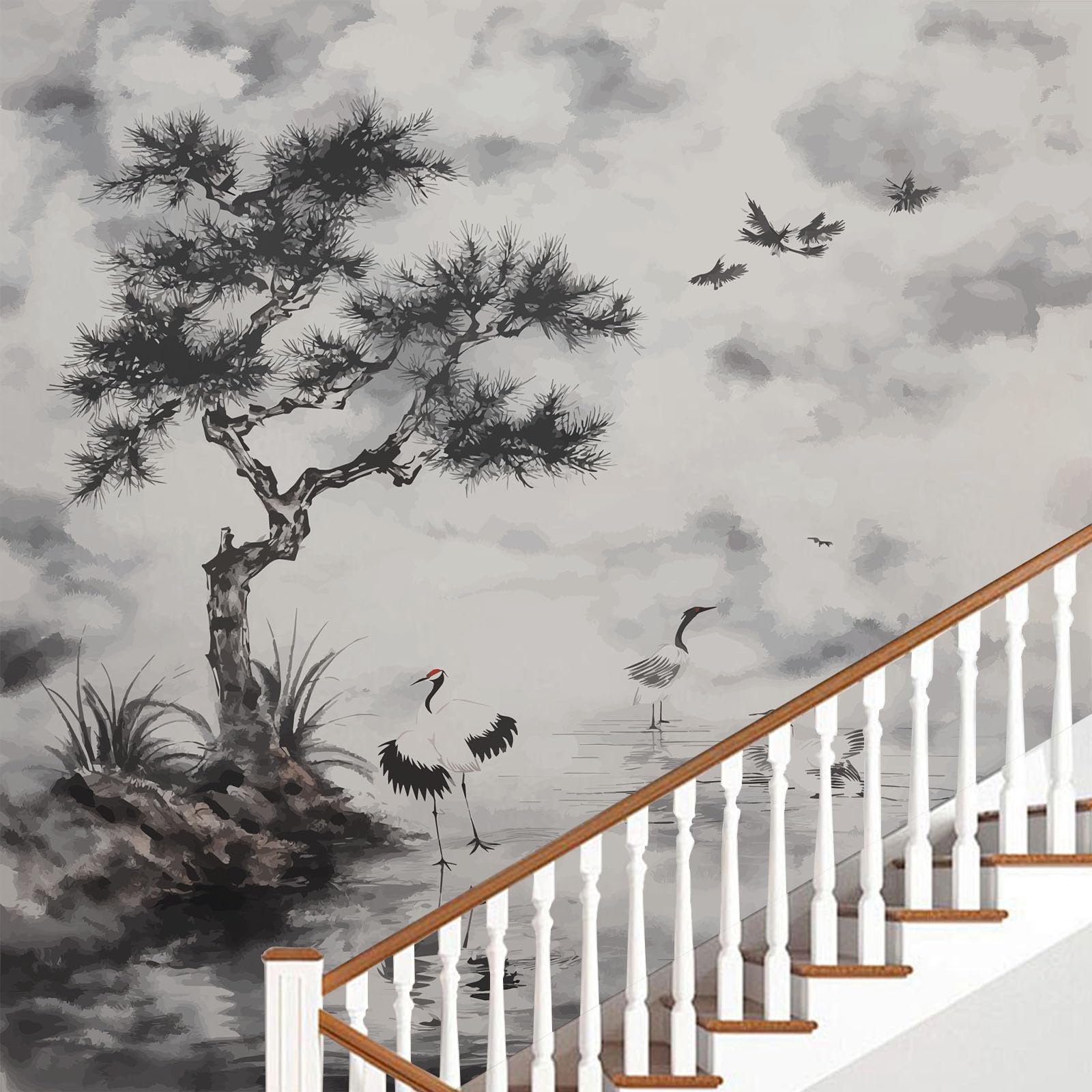 Générique Papier Peint Panoramique Paysage Peint en Gris Toison Mur 400x280cm(L x H) Moderne Papier Peint Intissé pour Chambre Salon Bureau Personnalisé Décoration Murale Paysage à L'Encre