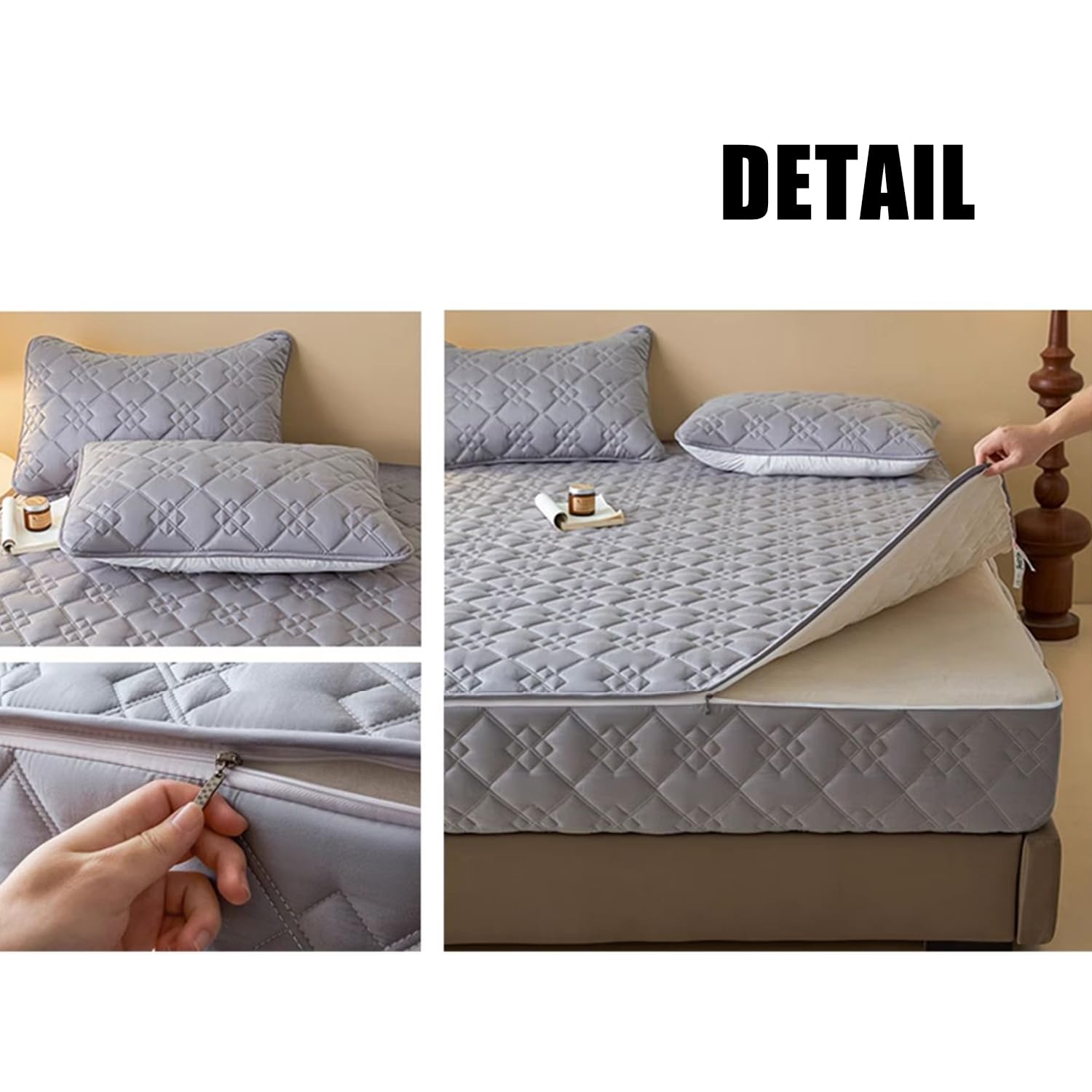 Protector de colchón 100 % algodón de alta calidad, color gris, 180 x 200 + 25 cm, funda ajustable de 6 lados, resistente al polvo, impermeable, ideal para camas dobles/individuales, perfecto para uso