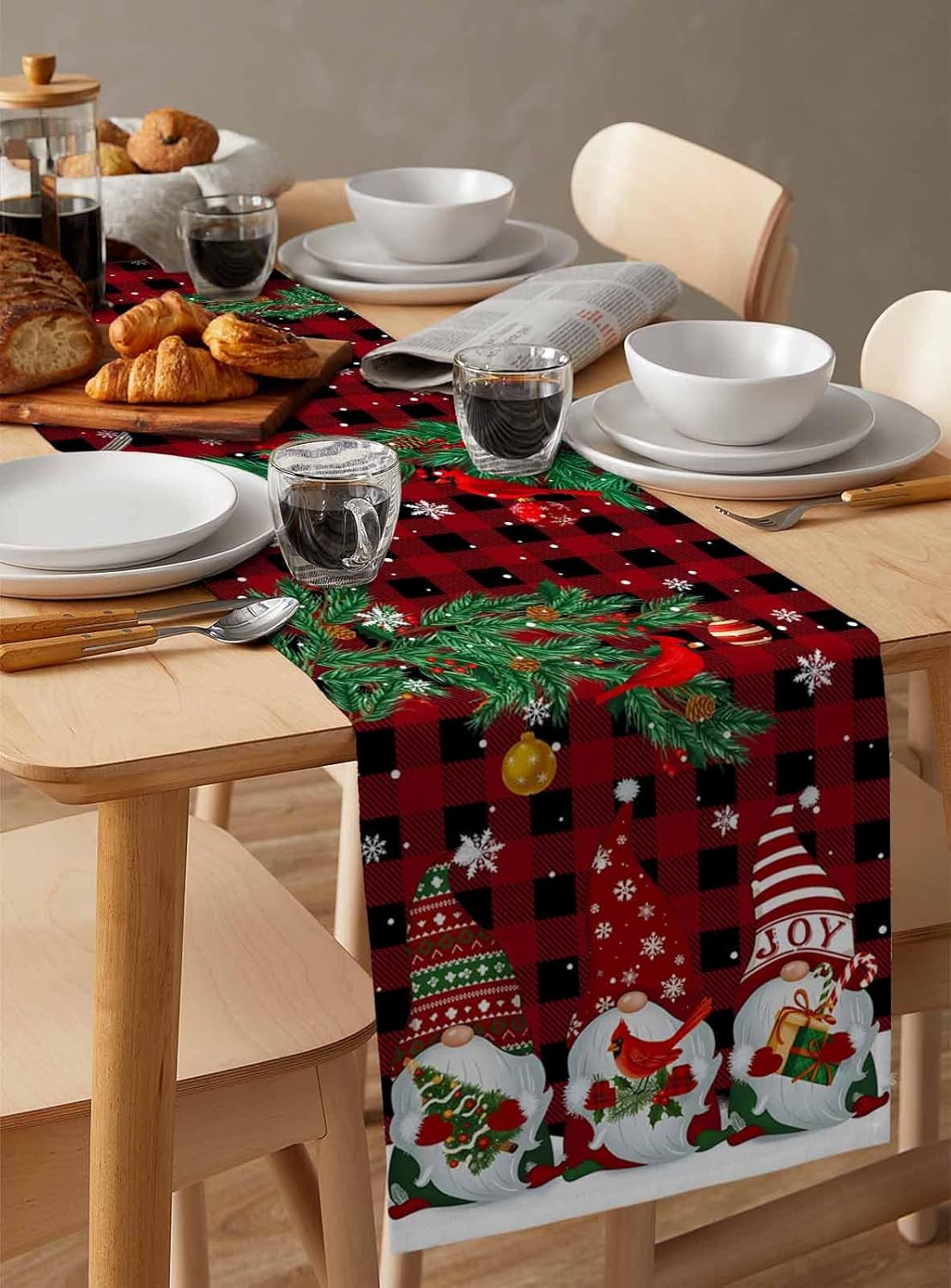 Seven Roses Christmas Gnomes Table Runner 120 Inches Long, Winter Snowflake Xmas Tree Farmhouse Dress Scarves, Balls Birds Red Plaid Dining Tablerunner for Cafe/Kitchen Island/Party Décor 13"x120"