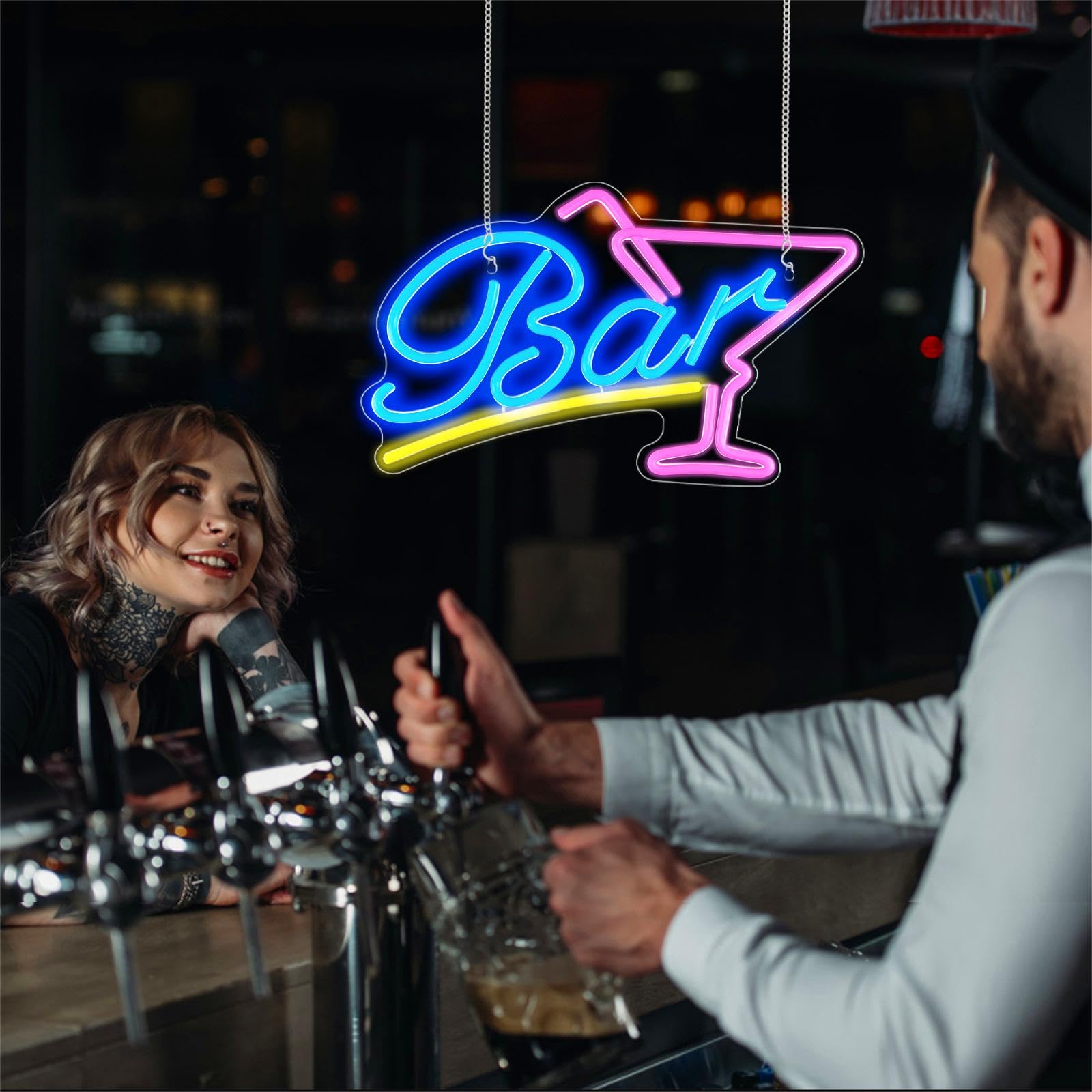 Insegna Neon Bar LED, Panel Acrílico 38x23cm con Cadena y Gancho Adhesivo, USB Luci Con Ajuste de Brillo, Decoración de pared Bar Pub Club Restaurante Hogar