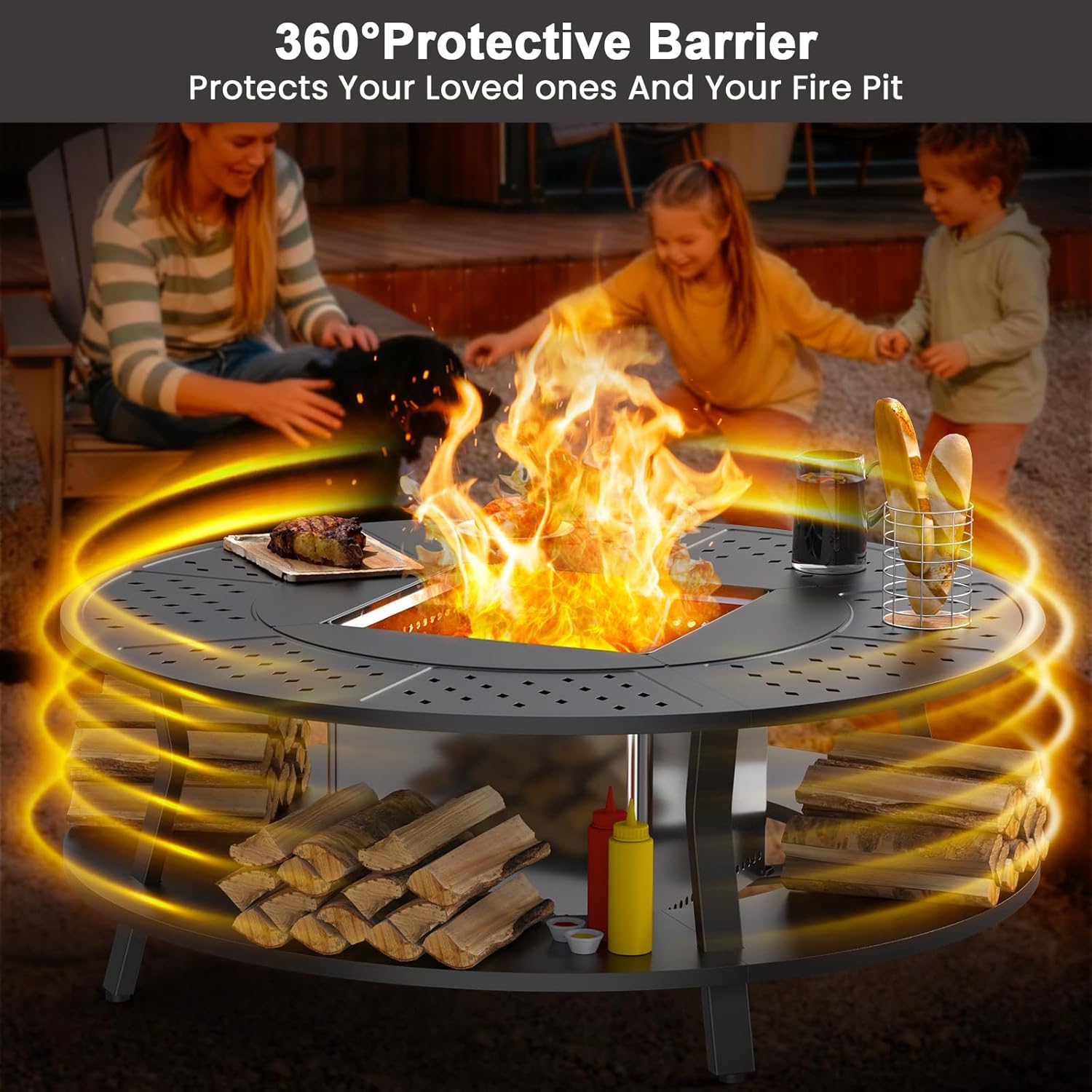 Uniflasy 48" Fire Pit Surround Tabletop with 17" Smokeless Fire Pit, Portable Protective Barrier Equal Width, Safety & Extra Space, Outdoor Tabletop & Smokeless Firepit for Backyard, Camping & Party