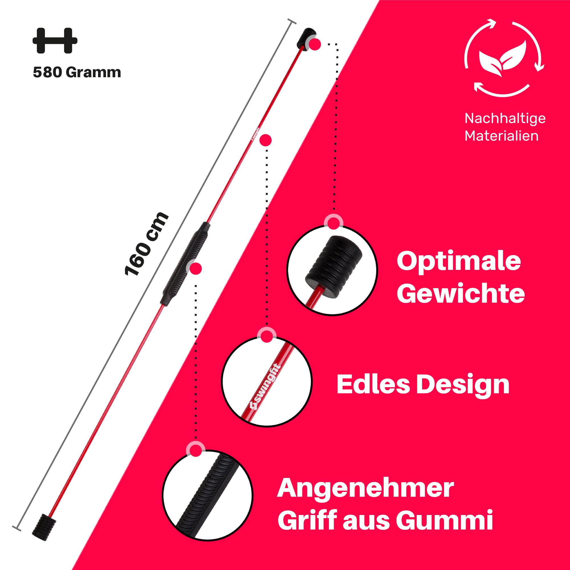 Schwingstab [inkl. Tasche, Band & Trainingsplan] - Von Therapeuten empfohlen Swingstick - Gymnastik Schwungstab für Tiefenmuskulatur