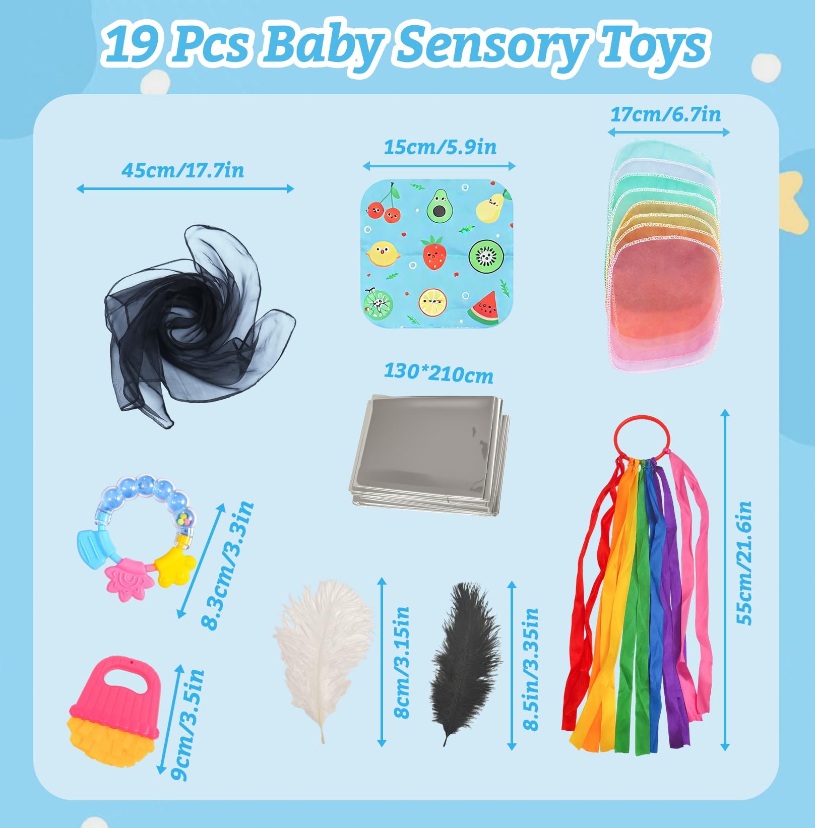 19Pcs Sensory Toys for Babies, Baby Sensory Cards, Sensory Foil Blanket, Feather, Crinkle Toys, Baby Sensory Scarf, Teething Gum, Good Gift - Image 2