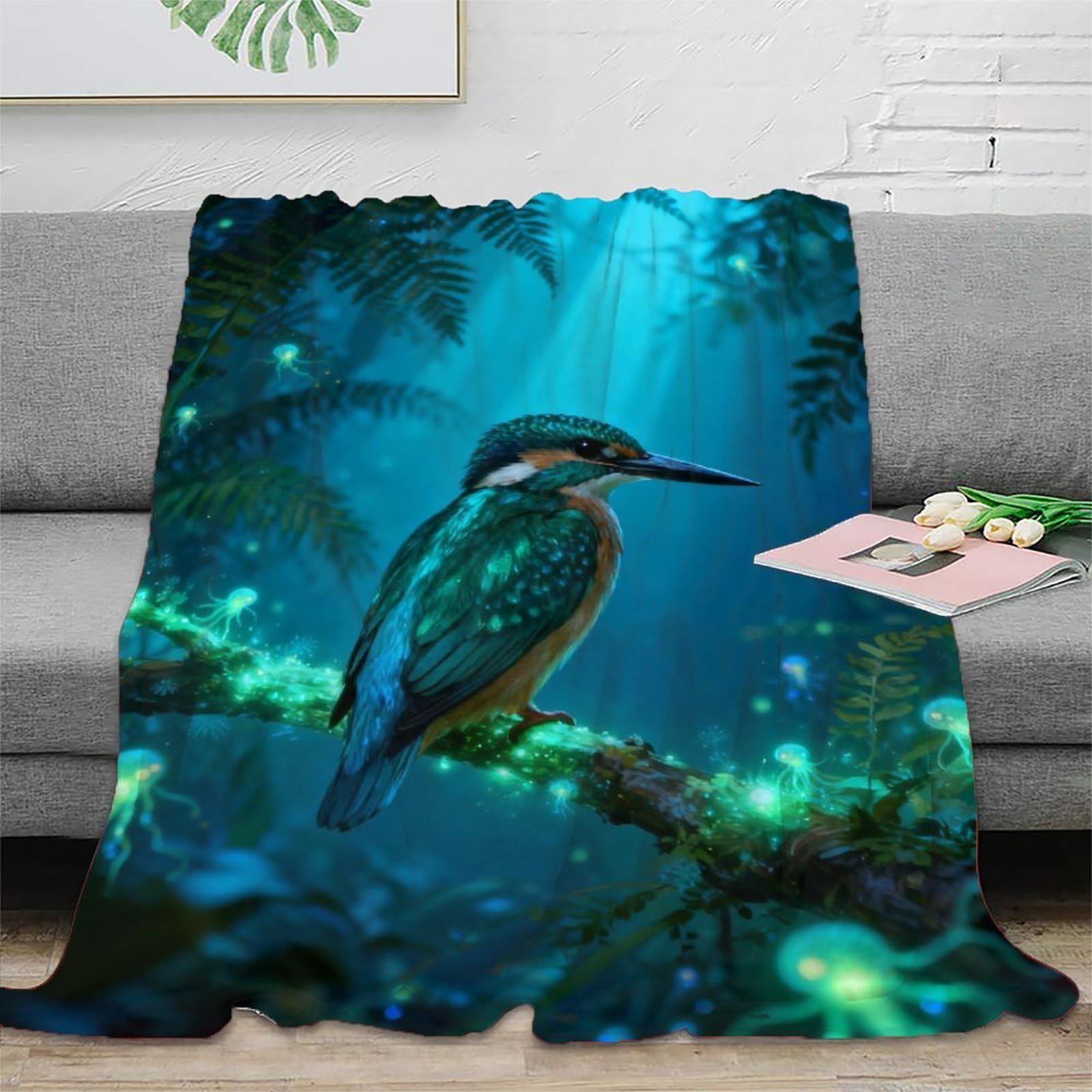 WXLWHR Kingfisher Fleece Throw Blanket for Couch Sofa Bed All Season Forest Branches Print Blanket Fluffy Soft Cozy Flannel for Couple Wife Husband 50x60inch(127x152cm)