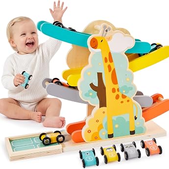Hersity Wooden Car Racing Track Toy Baby with 4 Vehicles Wooden Toy Car Children with Animal Motifs Racing Toy Gifts for Toddlers 3 4 5 Years Boy Girl