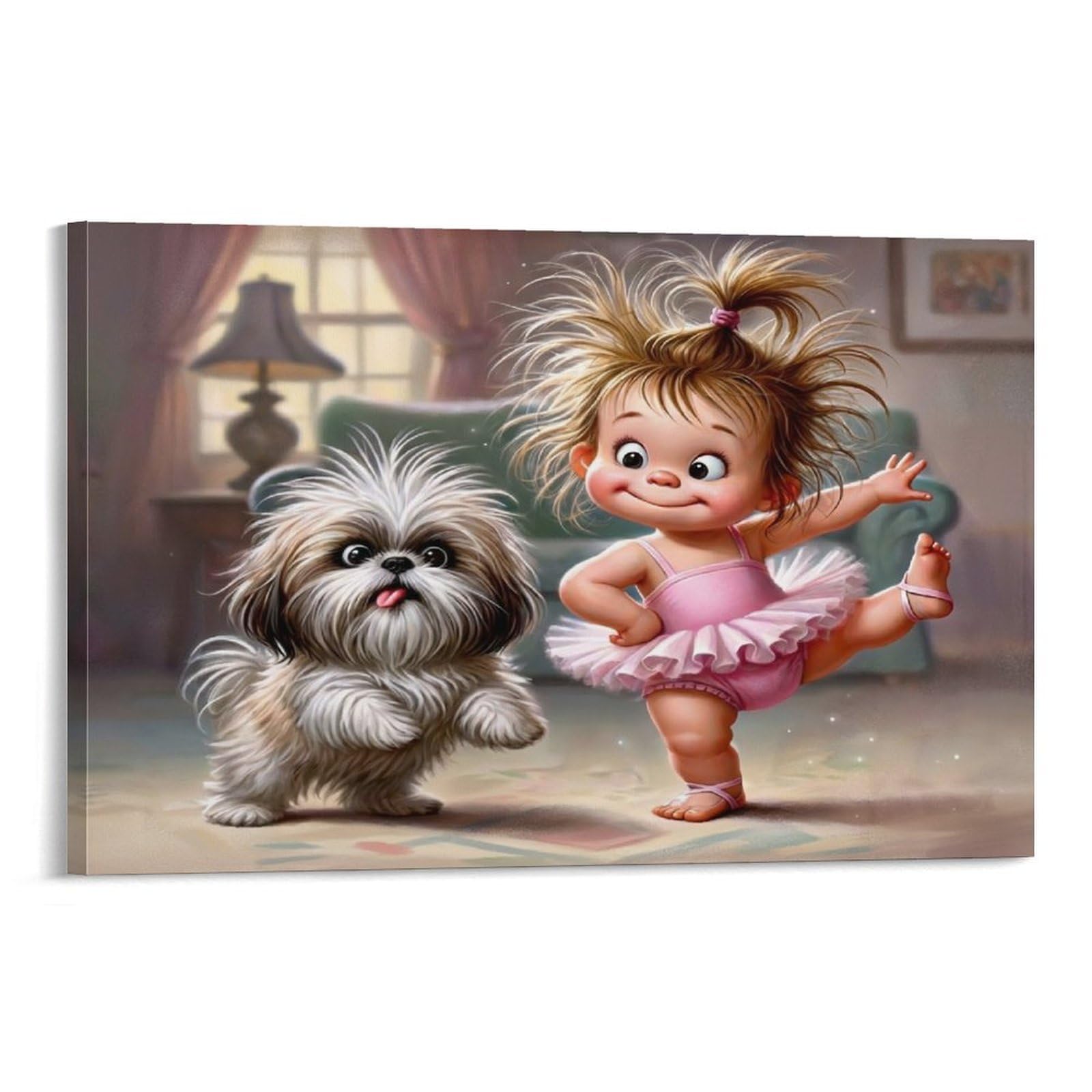 CPLVKWRQJ Cute Girl Dancing with Dog Single Piece Ballerina Girl Fluffy Dog Canvas Wall Art - Housewarming Gift Bedroom Canvas Painting Ready to Hang Decor 16x24inch(40x60cm)