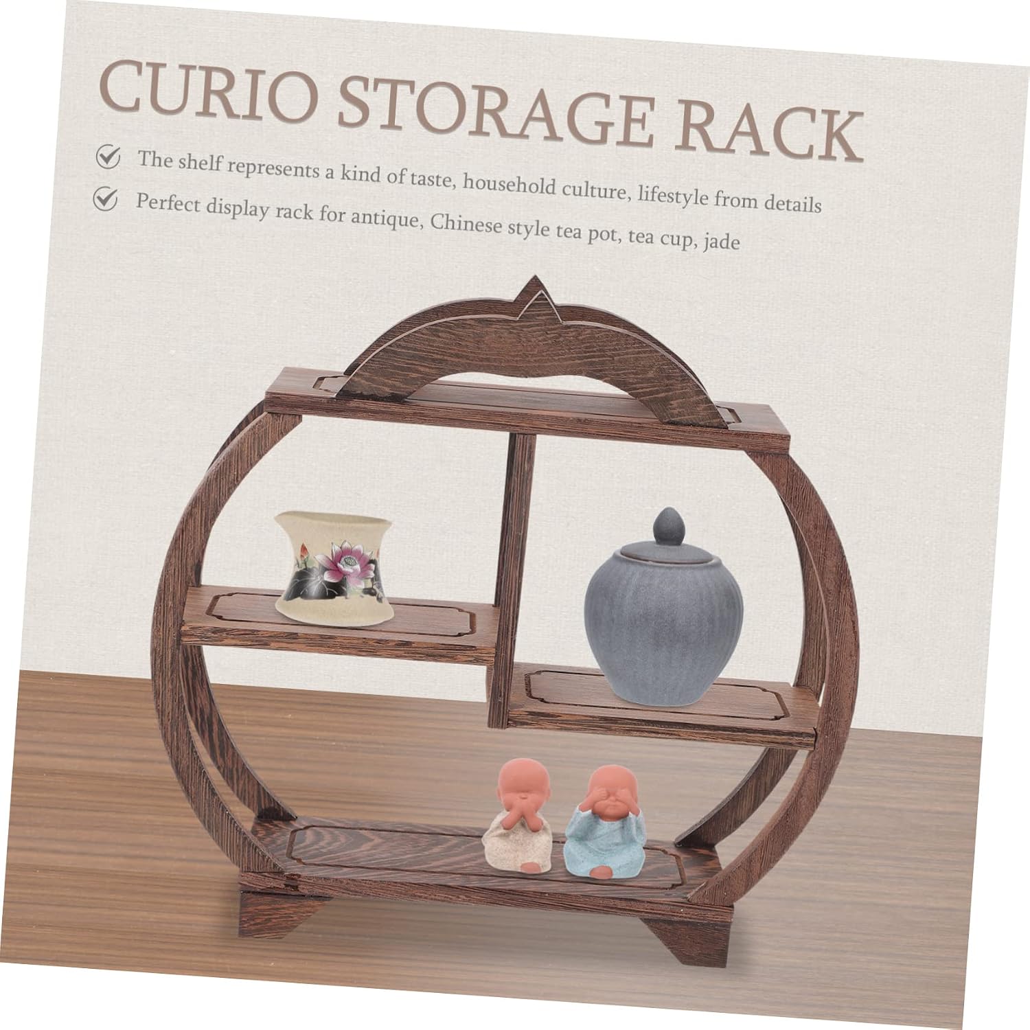 PRETYZOOM Antique Display Shelf Wood Curio Stand Storage for Teapots Decorative Wooden Craft for Home and Office Vintage Display Rack for Collectibles and Ornaments